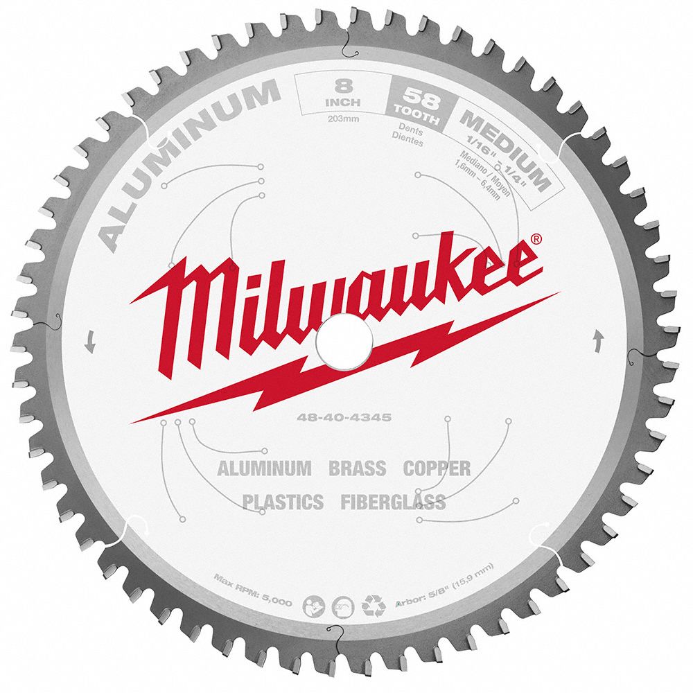 CIRCULAR SAW BLADE, CARBIDE, 8 IN DIA, 58 TEETH, ROUND ARBOUR, 5000 RPM, FOR ALUMINUM