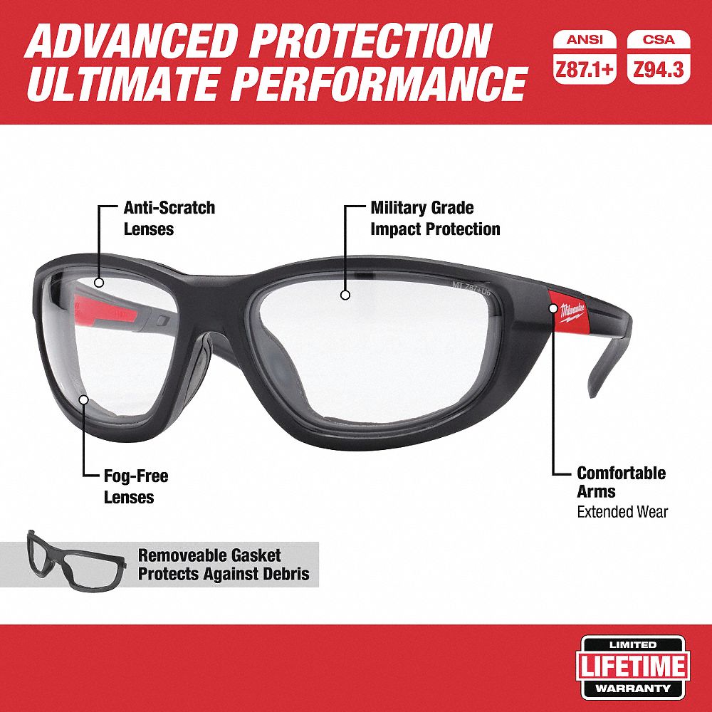 LUNETTES PROTECTION DOUBLÉES MOUSSE JNT ÉTANCH, CSA, ROUGE / NOIR A/ LENTILLES CLAIRES, PLASTIQUE