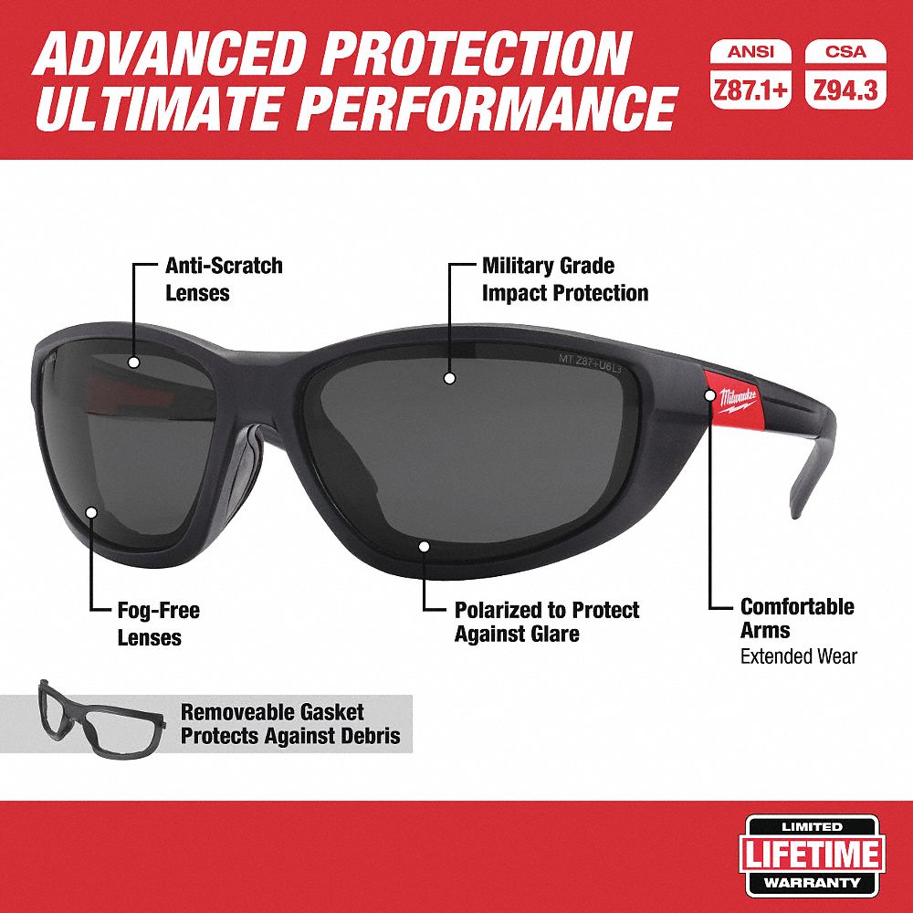 LUNETTES PROTECTION POLARISÉES HAUTE PERFORMANCE A/ JOINT D'ÉTANCHÉITE, CSA, ROUGE / NOIR, PLASTIQUE