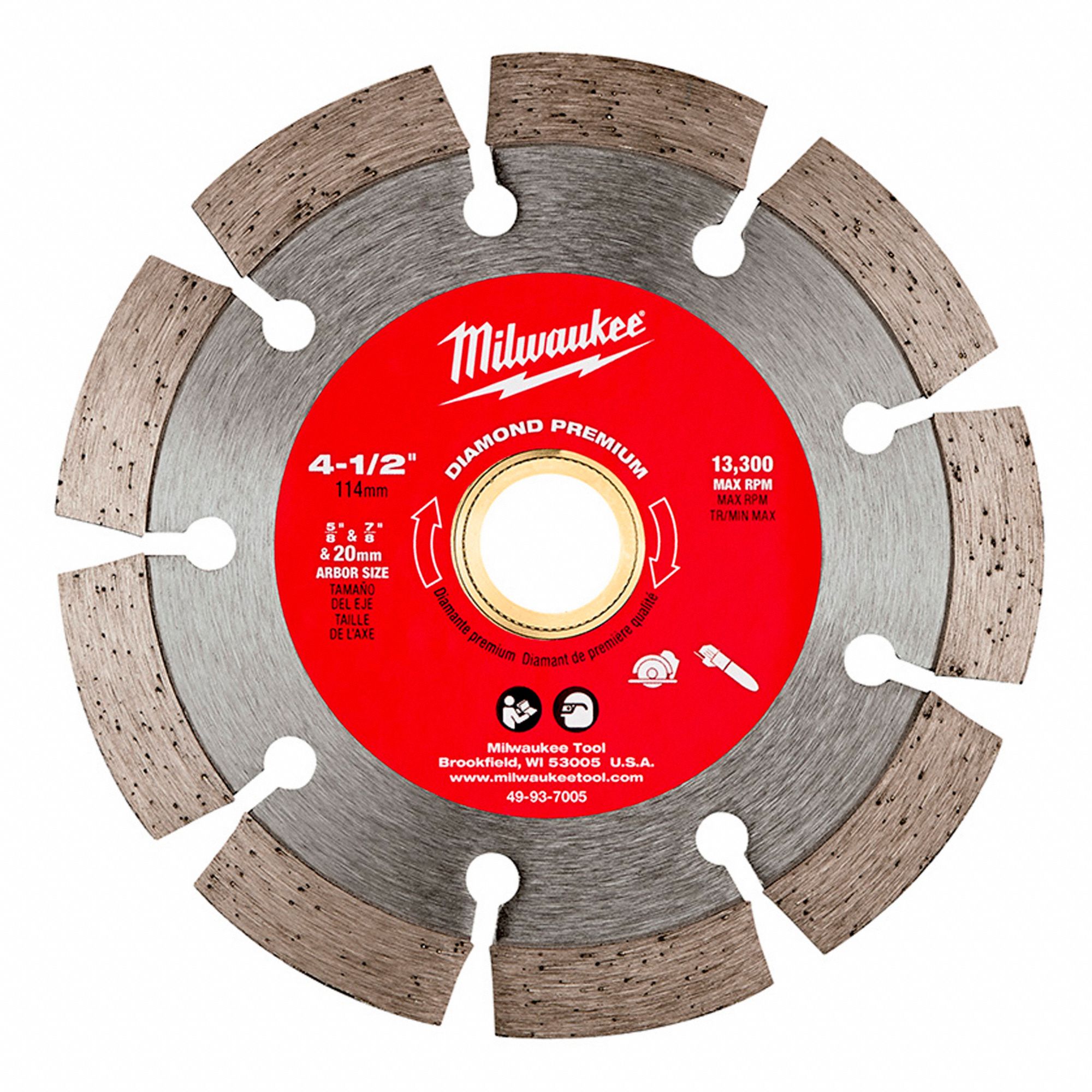 DIAMOND SAW BLADE, SEGMENTED, 4½ IN, ⅝ TO⅞ IN, ROUND, WET/DRY, 13300 RPM