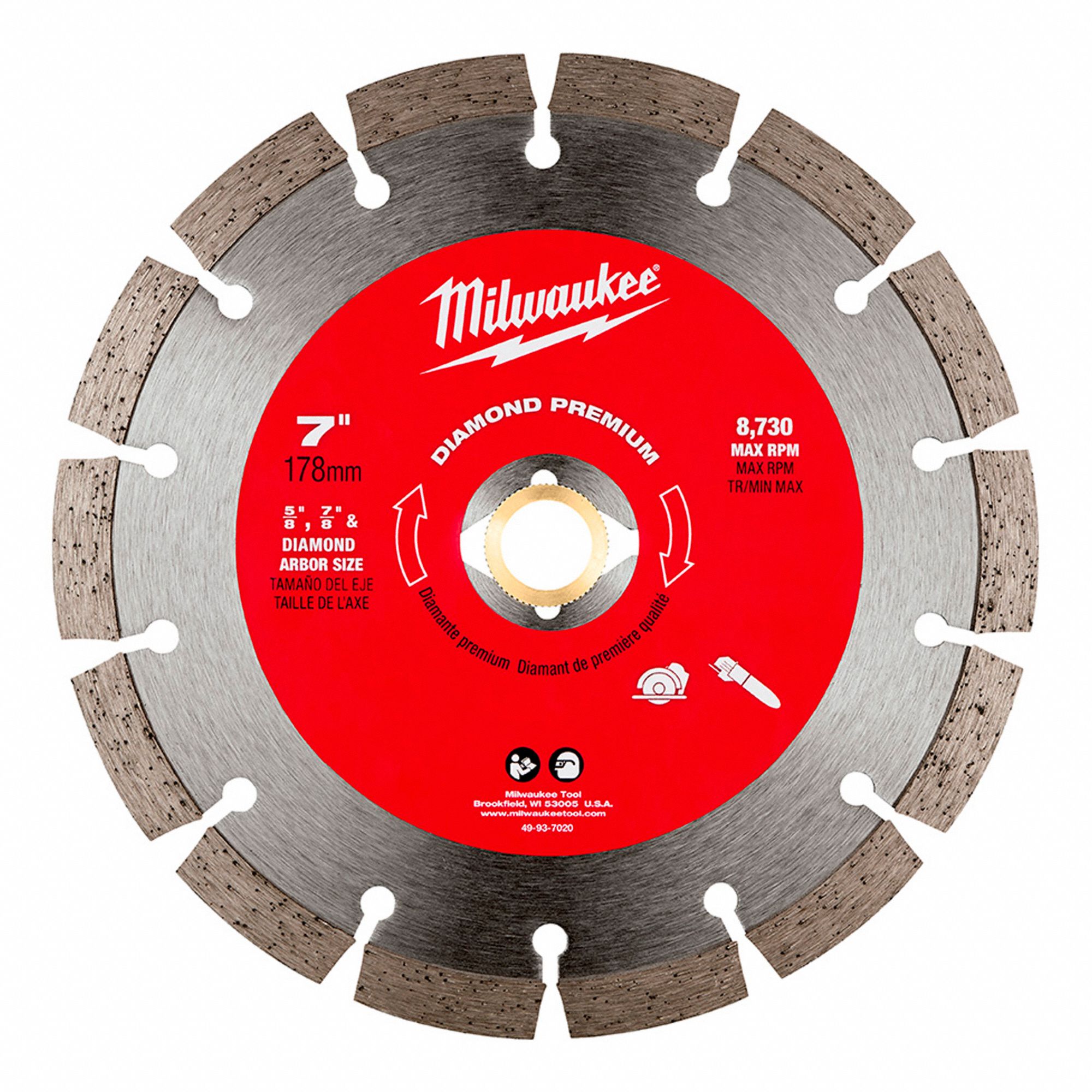 DIAMOND SAW BLADE, SEGMENTED, 7 IN, ⅝ TO⅞ IN, ROUND, WET/DRY, 8730 RPM