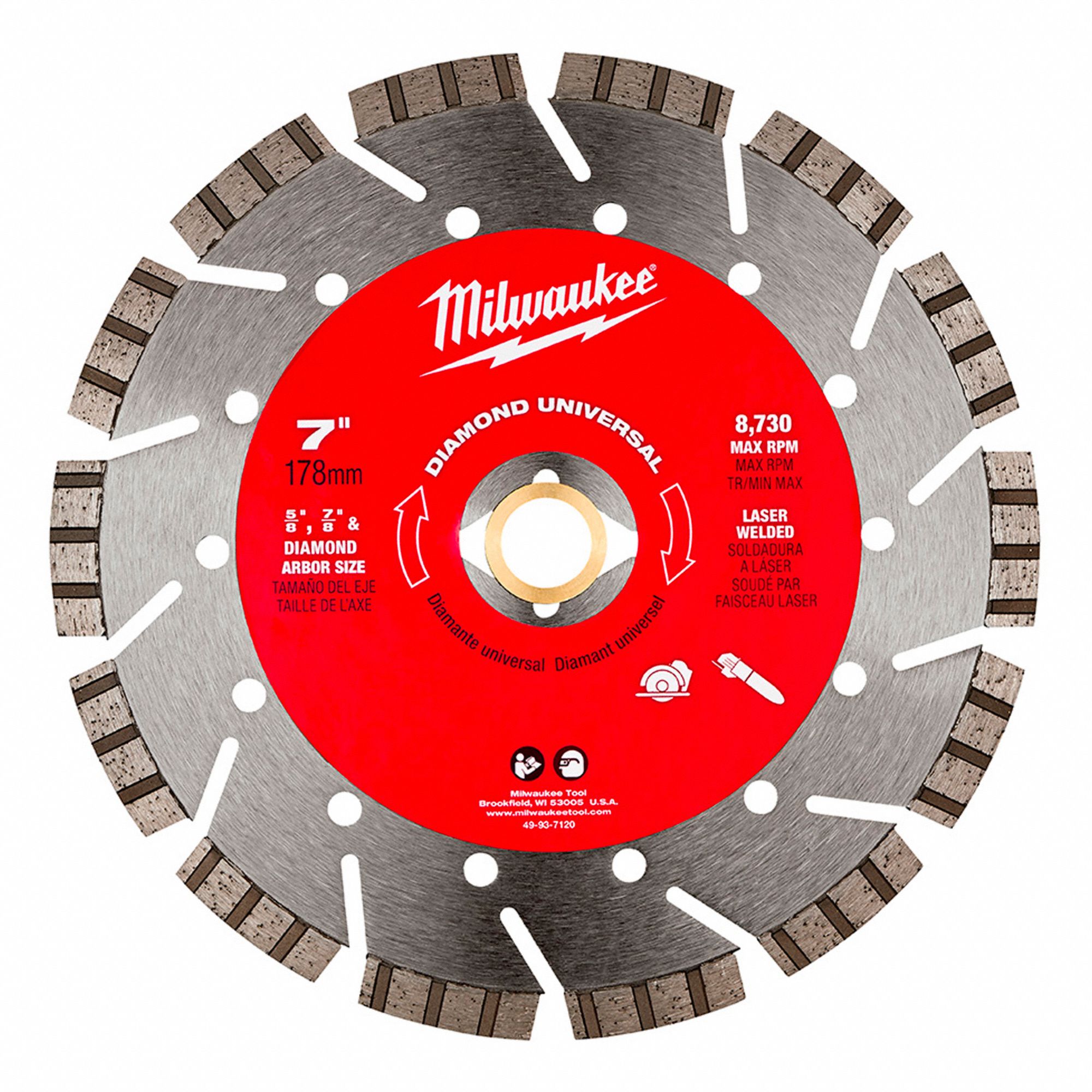 DIAMOND SAW BLADE, TURBO/SEGMENTED, 7 IN, ⅝ TO⅞ IN, ROUND, WET/DRY, 13300 RPM