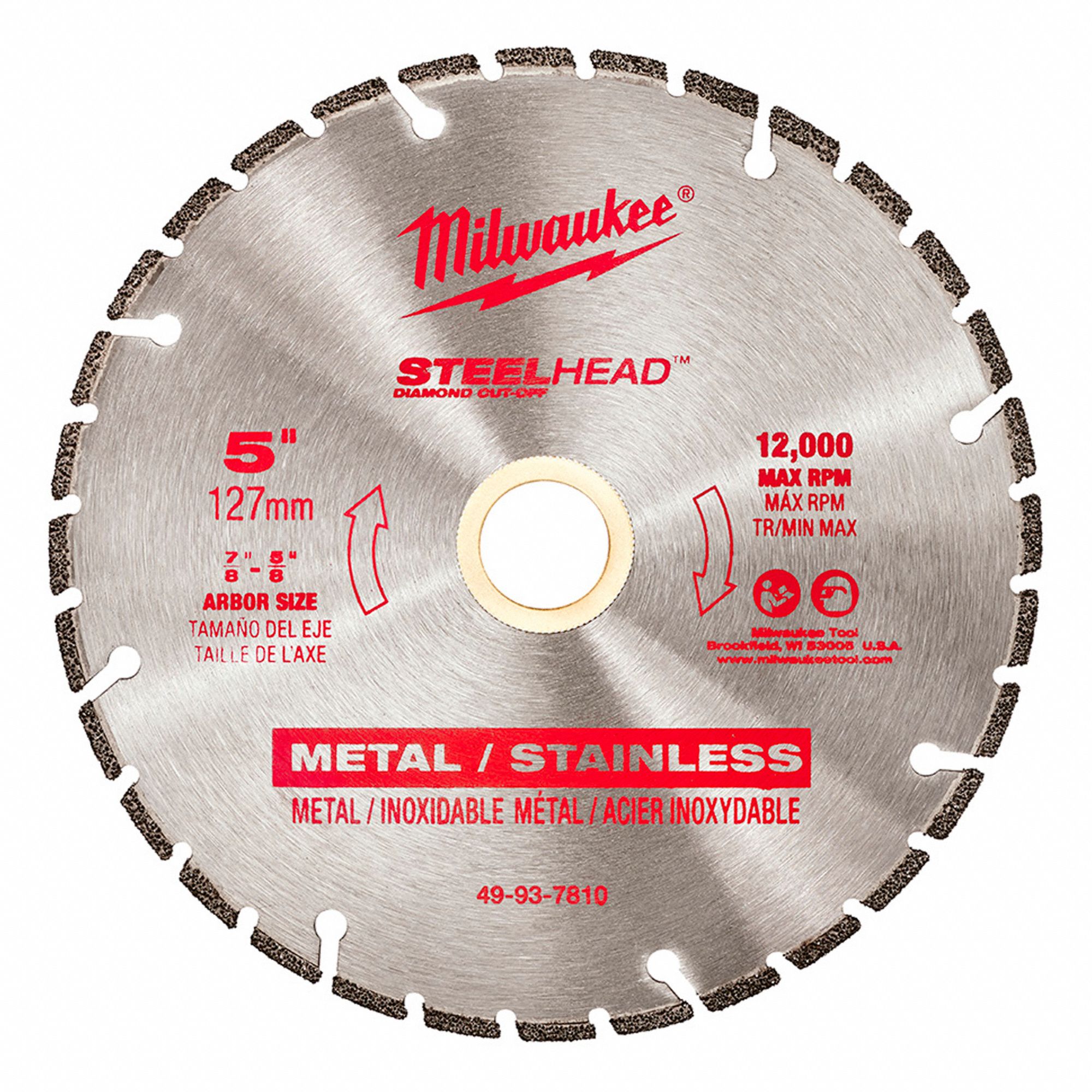 DIAMOND CUT-OFF SAW BLADE, SEGMENTED, STEEL, 5 IN, ⅝ TO⅞ IN, ROUND, DRY, 12000 RPM