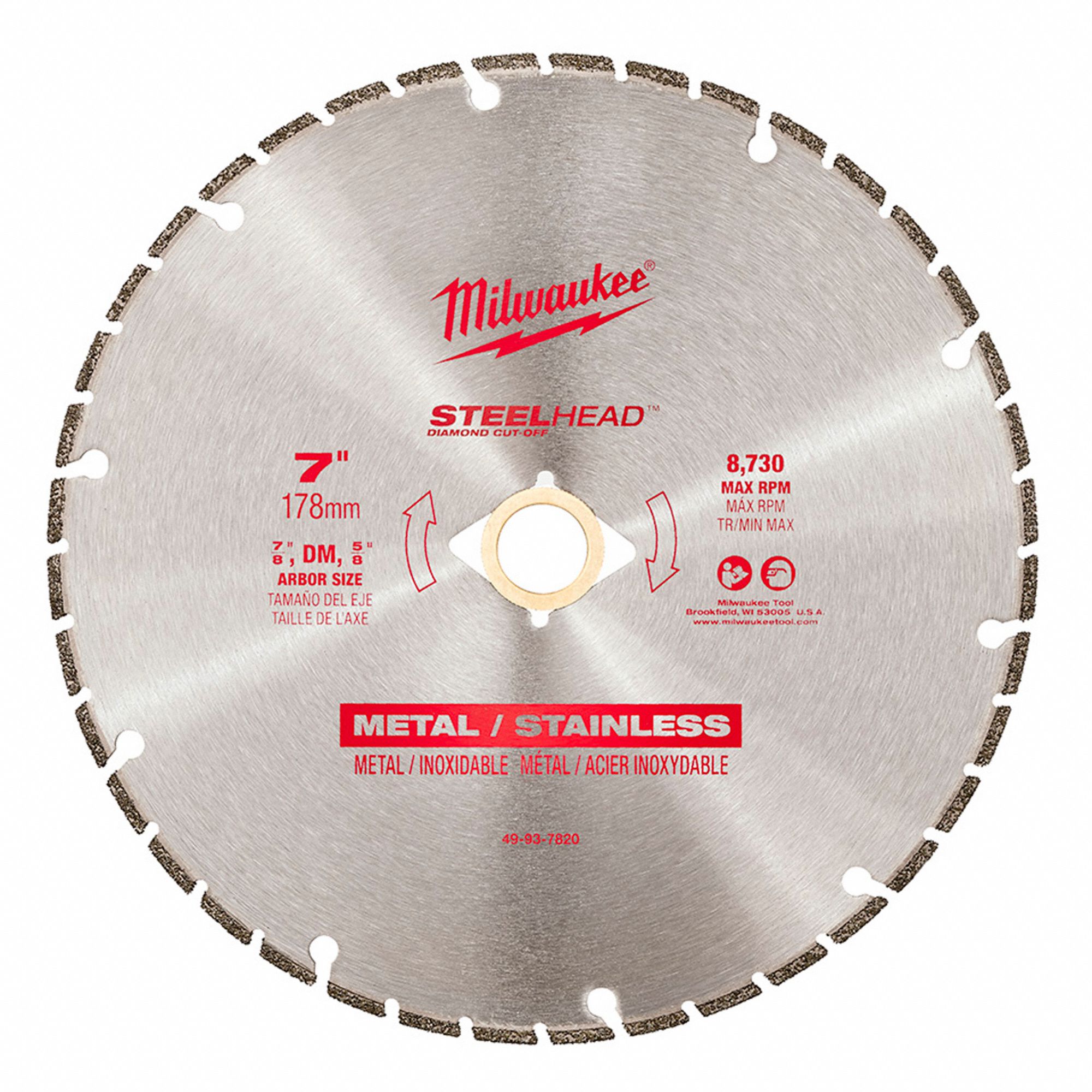 DIAMOND CUT-OFF SAW BLADE, SEGMENTED, STEEL, 7 IN, ⅝ TO⅞ IN, ROUND, DRY, 8730 RPM