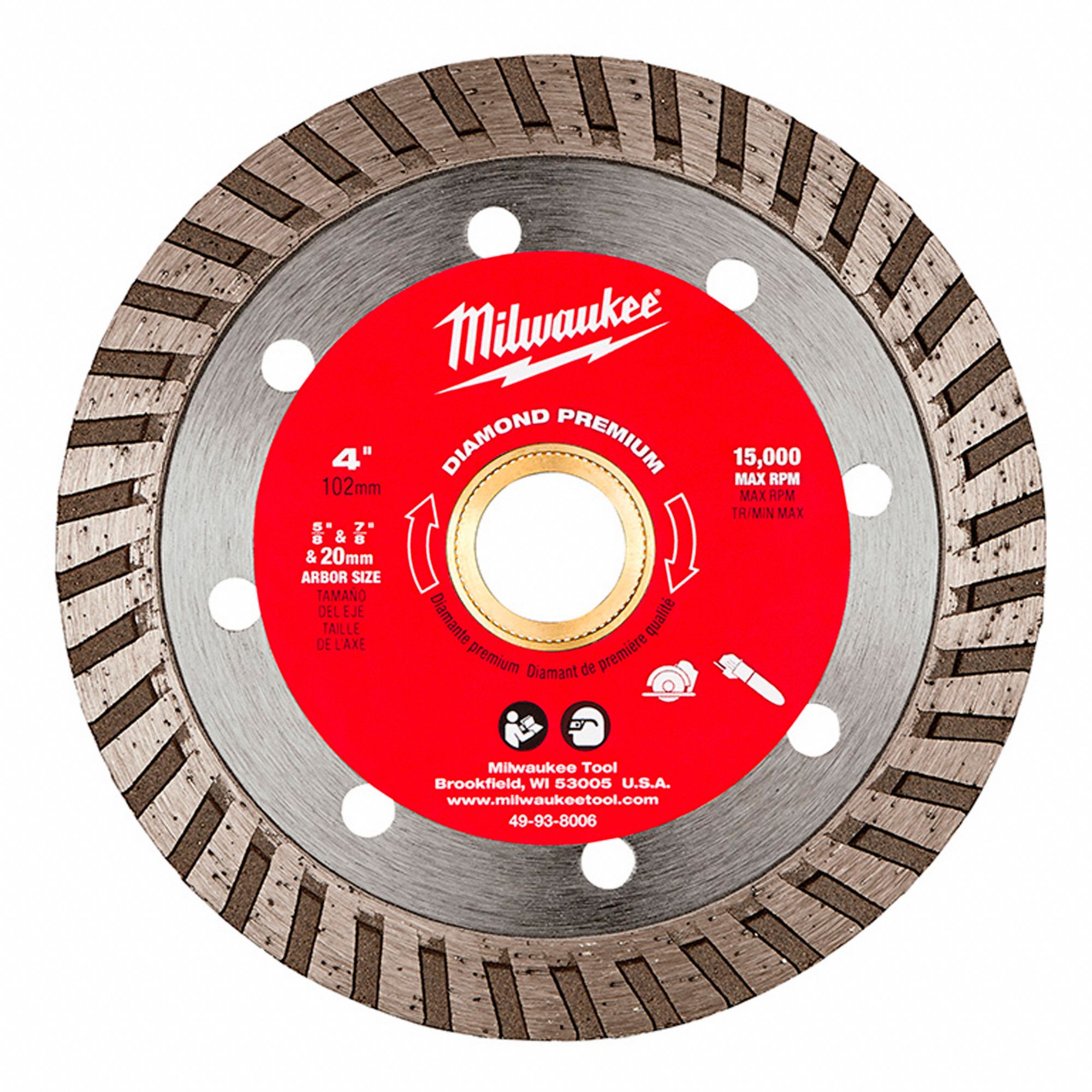 DIAMOND SAW BLADE, TURBO, STEEL, 4 IN, ⅝ TO⅞ IN/20 MM, ROUND, WET/DRY, 15000 RPM