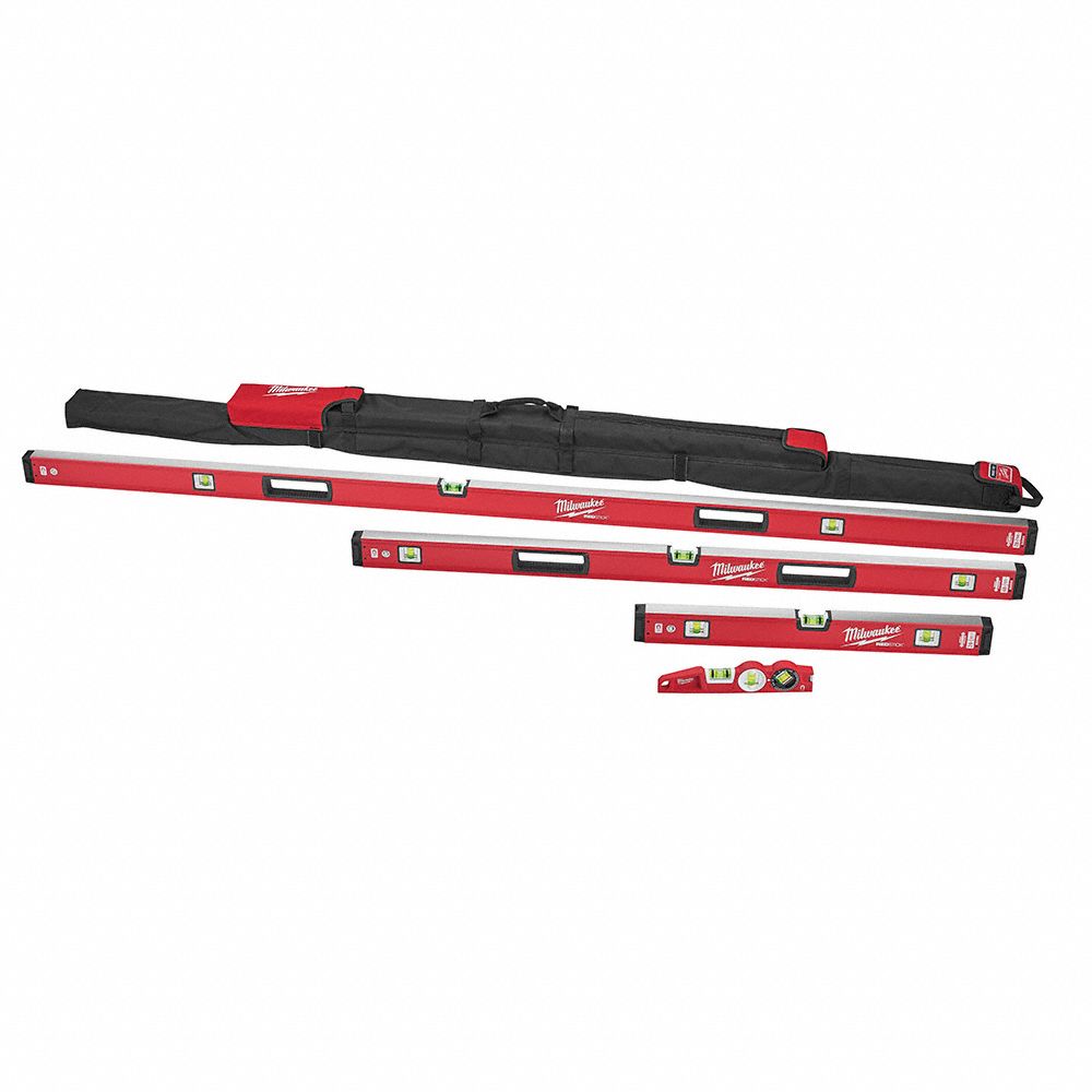 LEVEL MASTERS SET W STORAGE BAG, MAGNETIC, TOP READ, RED, 24 IN/48 IN/78 IN, METAL