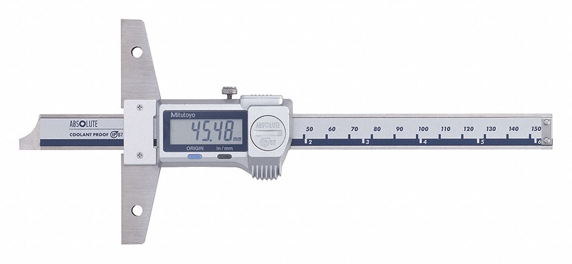 DIGITAL DEPTH GAGE, SPC OUTPUT, FLAT BASE, LOCKNUT SCREW, IP RATING 67, W/ CASE, 4 IN