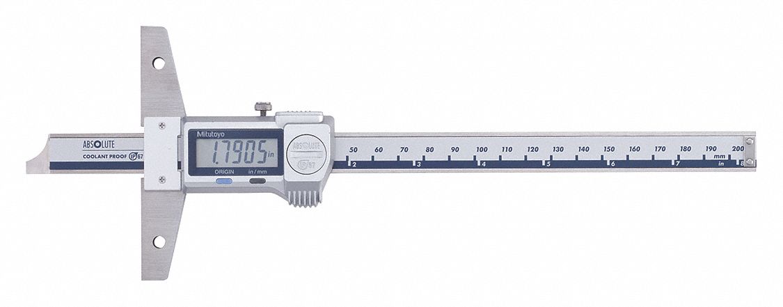 DIGITAL DEPTH GAGE, SPC OUTPUT, FLAT BASE, ADJUSTABLE ROD, 3 15/16 IN, HADRENED STEEL