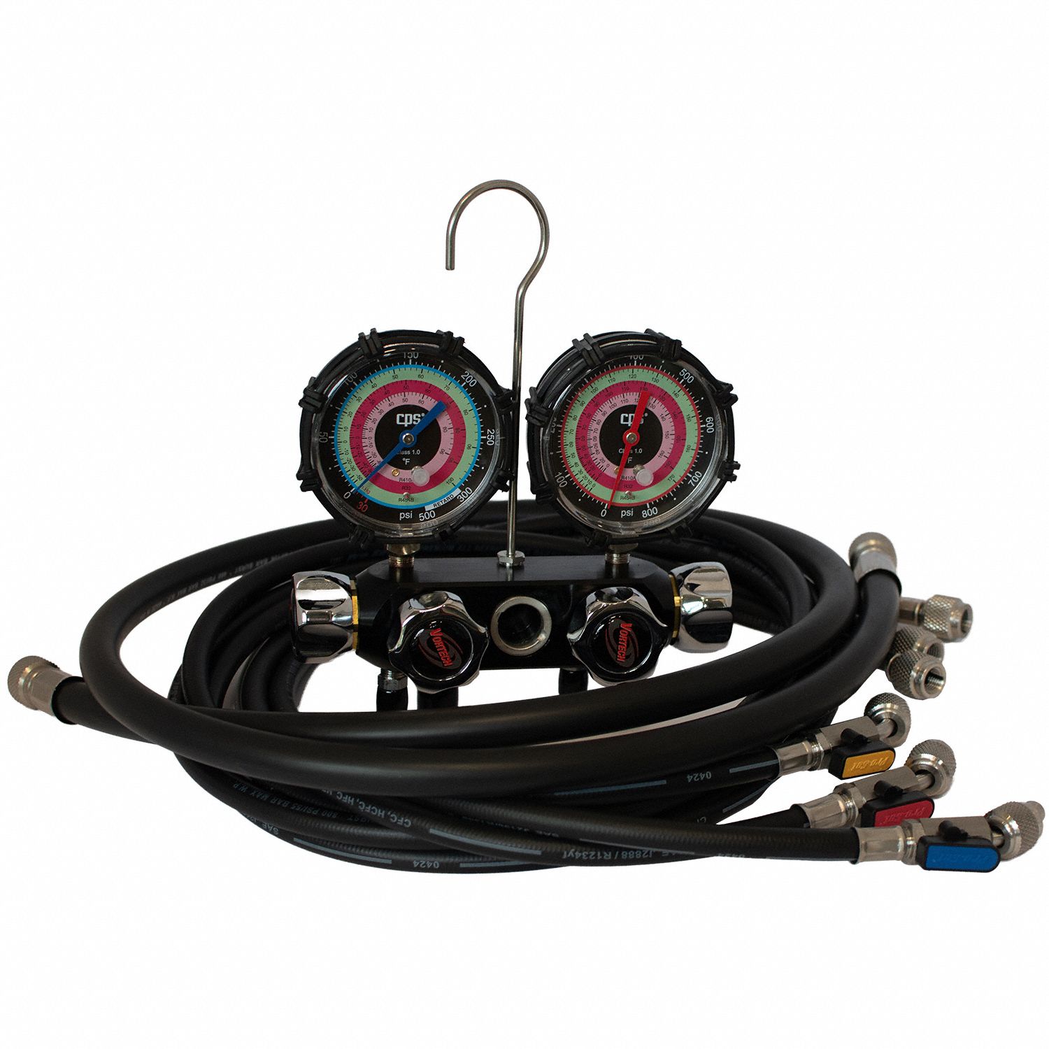 Refrigerant Manifold Set: 4 Valves, 3 Hoses, Series Blackmax, 3 1/8 in Gauge