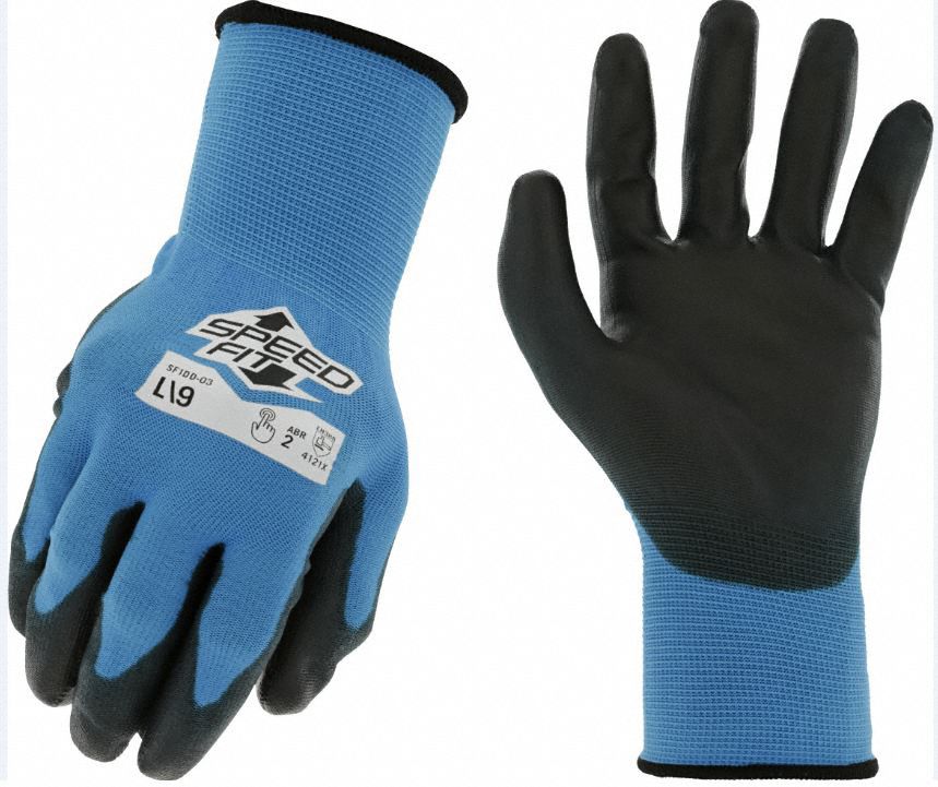 POLYURETHANE COATED WORK GLOVES, XXL, BLUE, 8.19 IN LONG, 15 GA THICK, NYLON