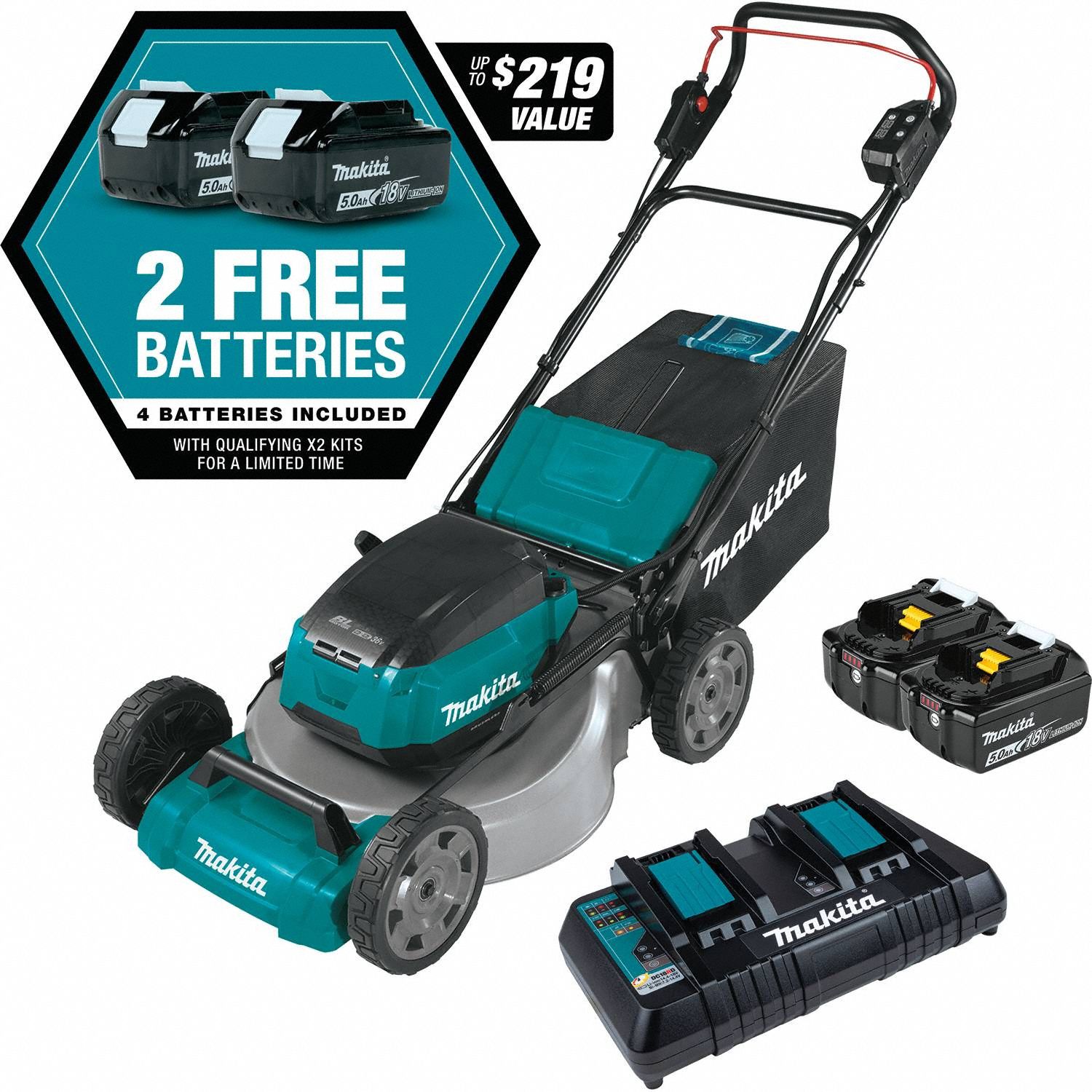 Battery-Powered Lawn Mower Kit: Push, 21 in Cutting Wd, Bag/Mulch/Side Discharge Location