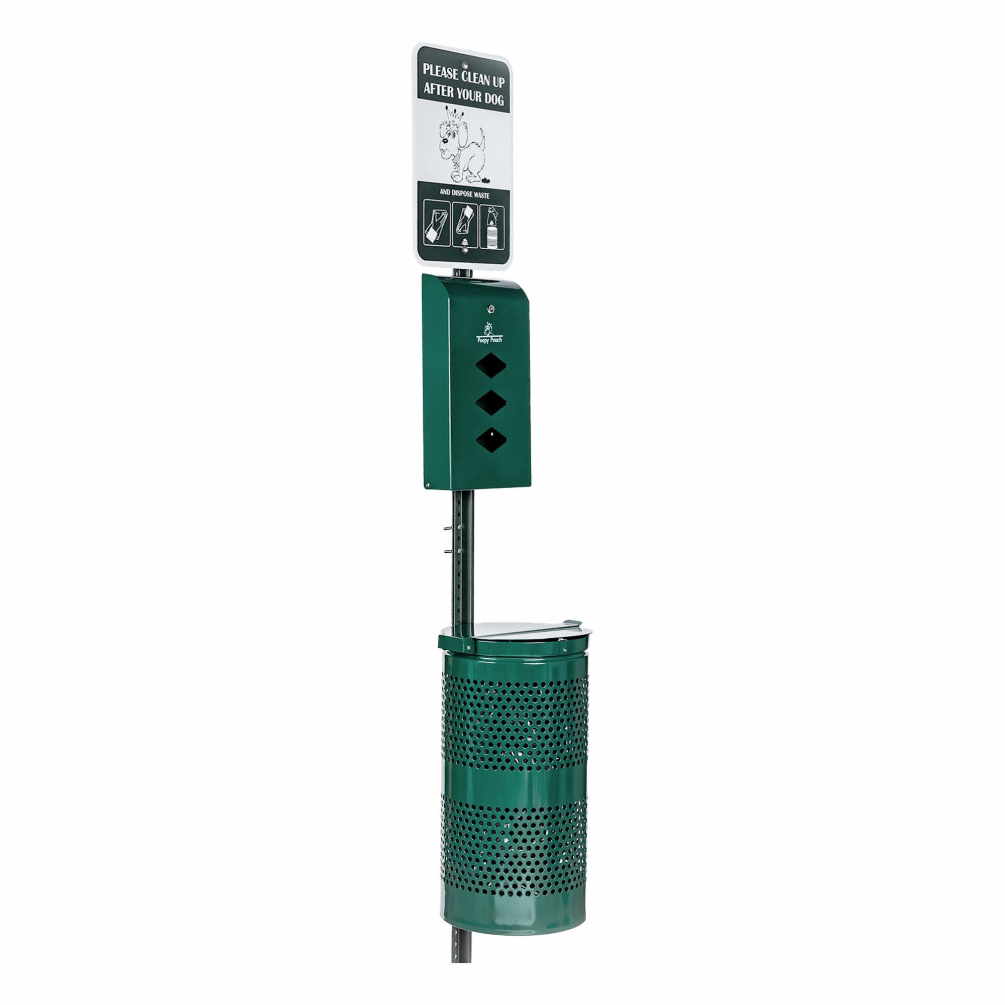 Pet Waste Station: 96 in Overall Ht, 12 in Overall Wd, Rectangular, Green, Pole-Mounted