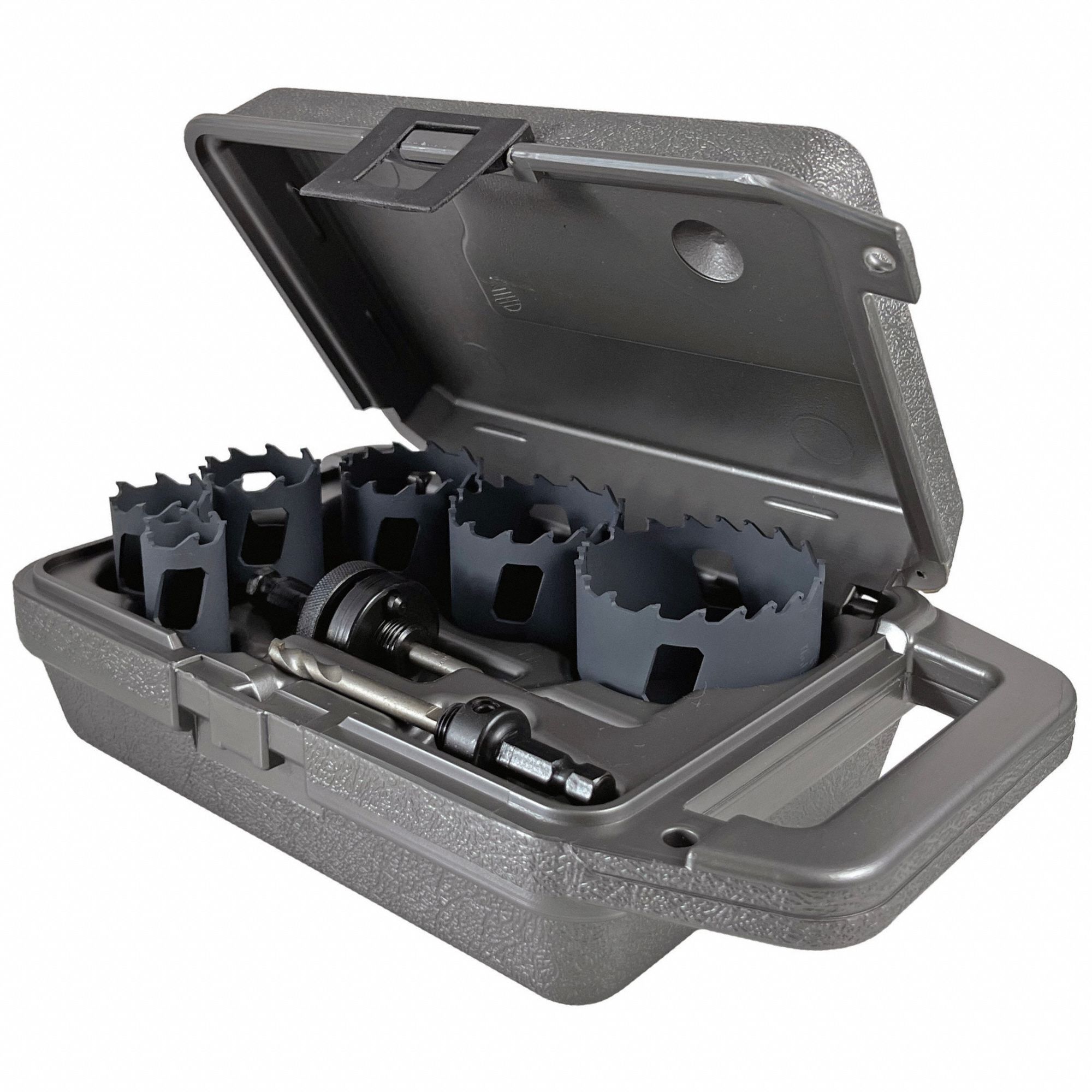 Hole Saw Set: 8 Pieces, 1 15/16 in Max. Cutting Dp, Carbide Tipped, 2/3 Teeth per Inch