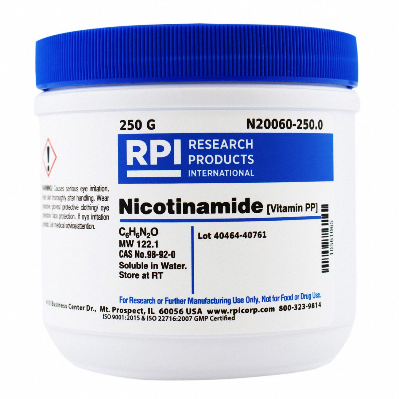 Vitamin Supplements: 250 g Volume, 98-92-0, Lab, Crystalline Powder, Bottle, Plastic, Reagent