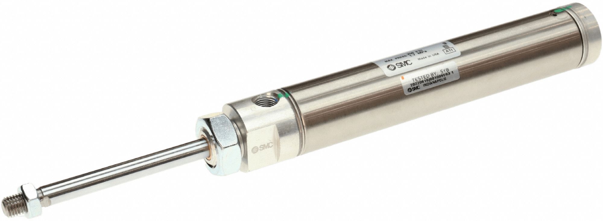 Round Body Cylinder: 1 1/16 in Bore, 2 1/2 in Stroke, Stainless Steel, Nose Mounting, 1/8 in NPT