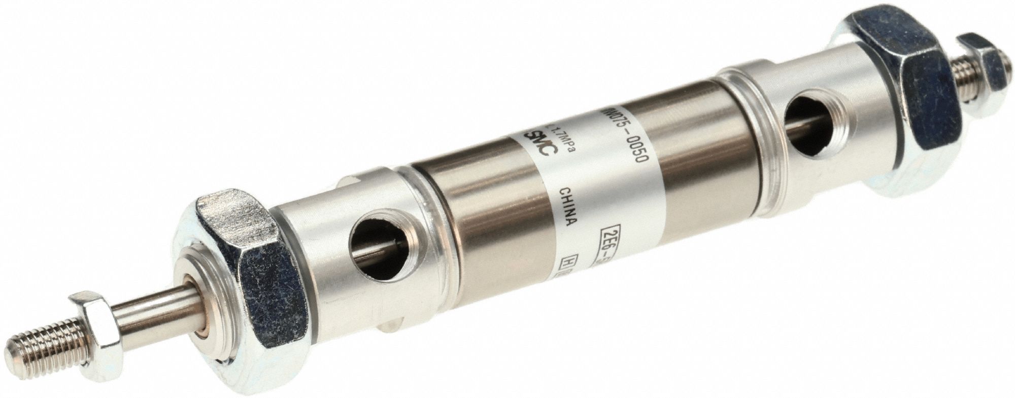 Round Body Cylinder: 2 in Bore, 2 1/2 in Stroke, Non-Repairable, Stainless Steel, Rubber Cushion