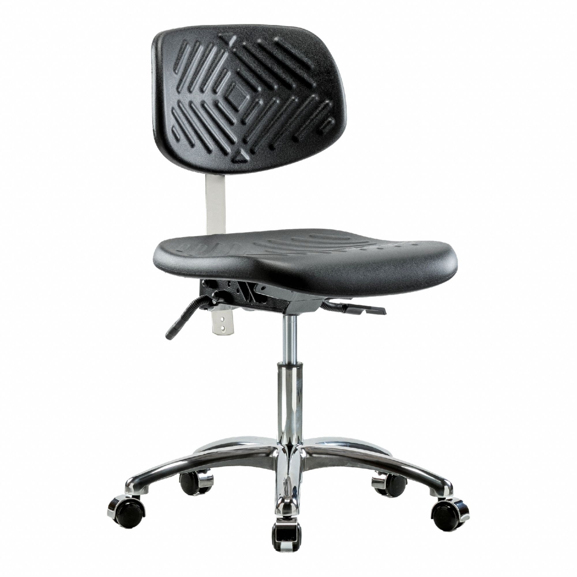 Cleanroom Chair: Polyurethane, Armless, Ht Range 17 1/2 in to 22 3/4 in, 16 in Seat Wd, 5 Casters