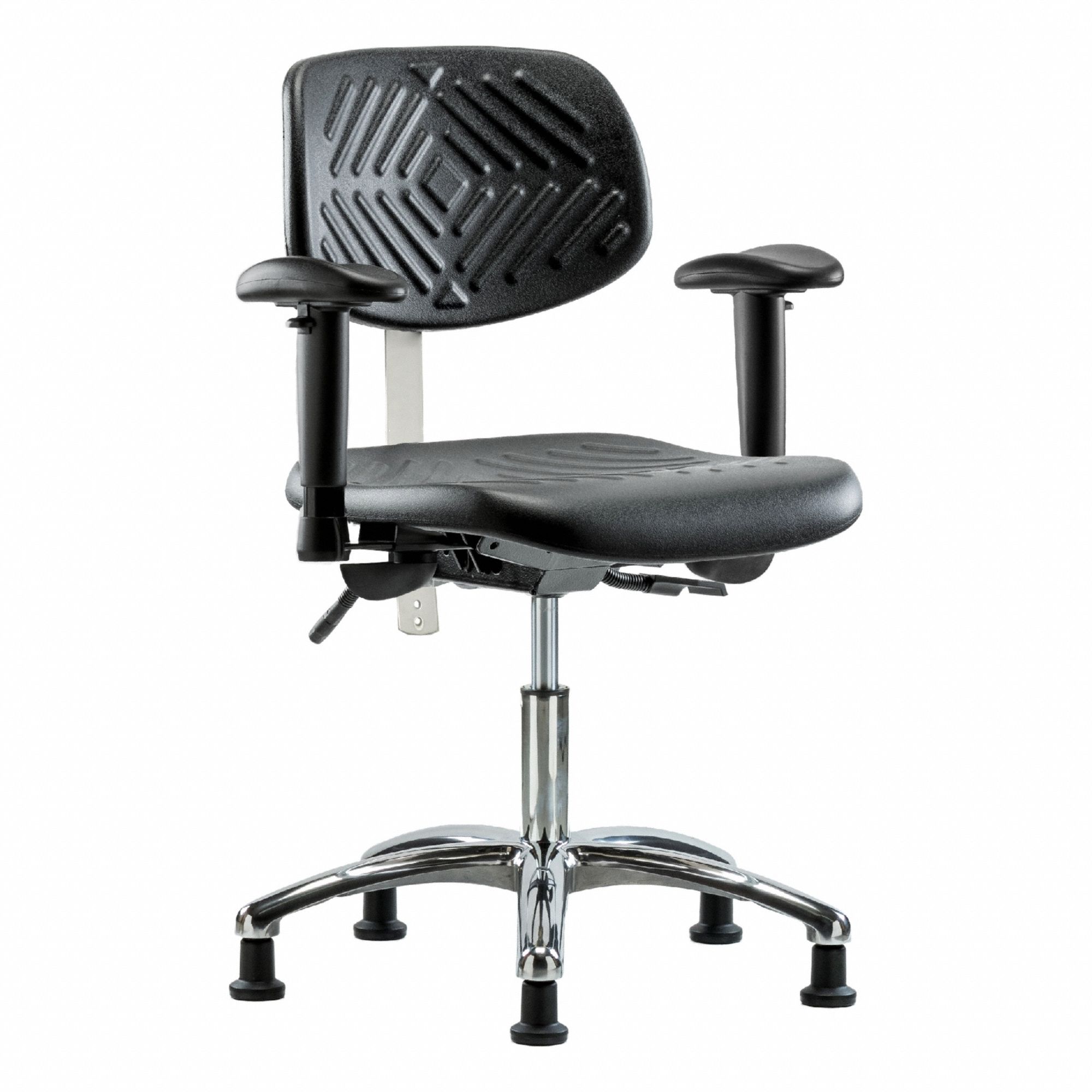 Cleanroom Chair: Polyurethane, Arms Included, Ht Range 17 1/2 in to 22 3/4 in, 16 in Seat Wd, Adj