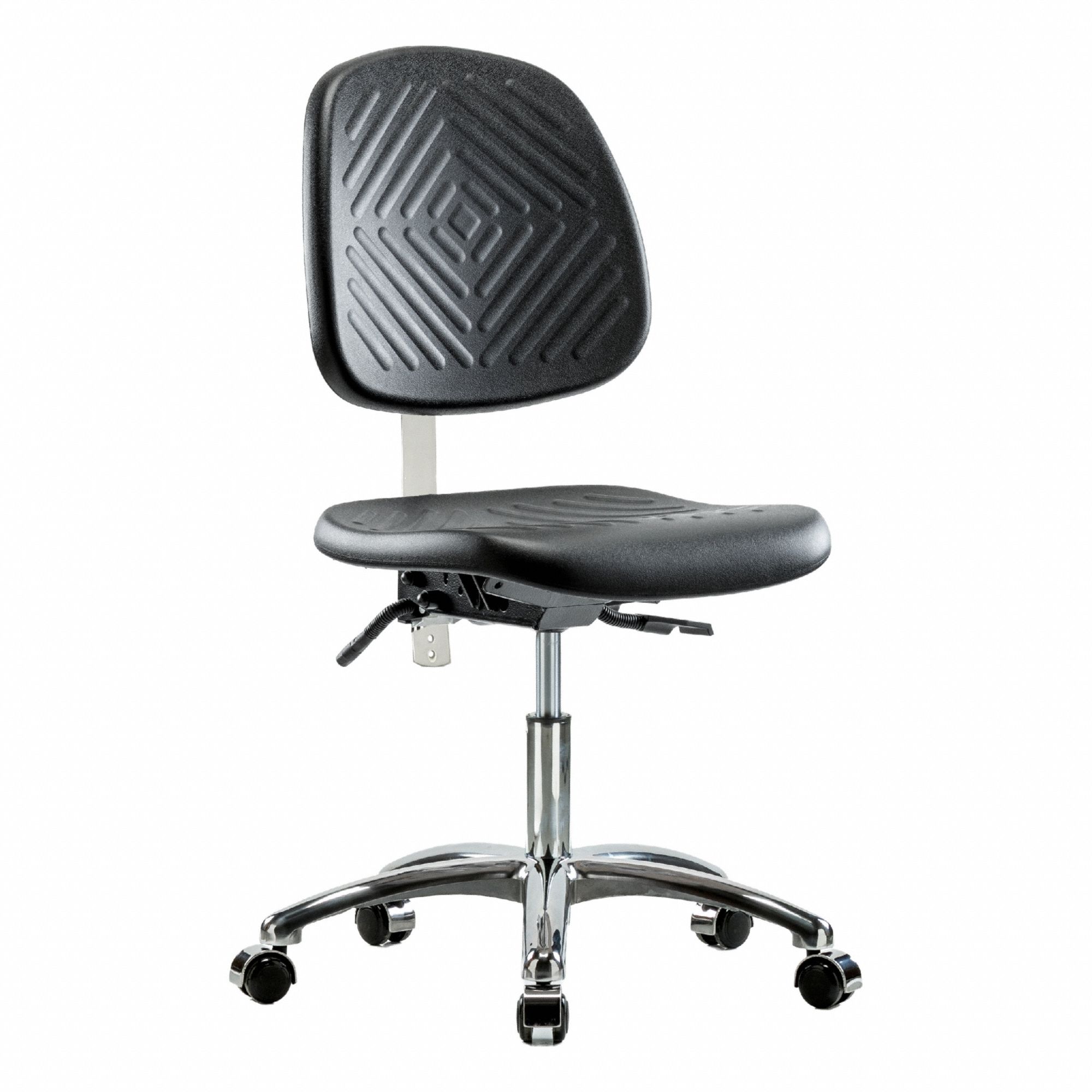 Cleanroom Chair: Polyurethane, Armless, Ht Range 17 1/2 in to 22 3/4 in, 16 in Seat Wd, 5 Casters