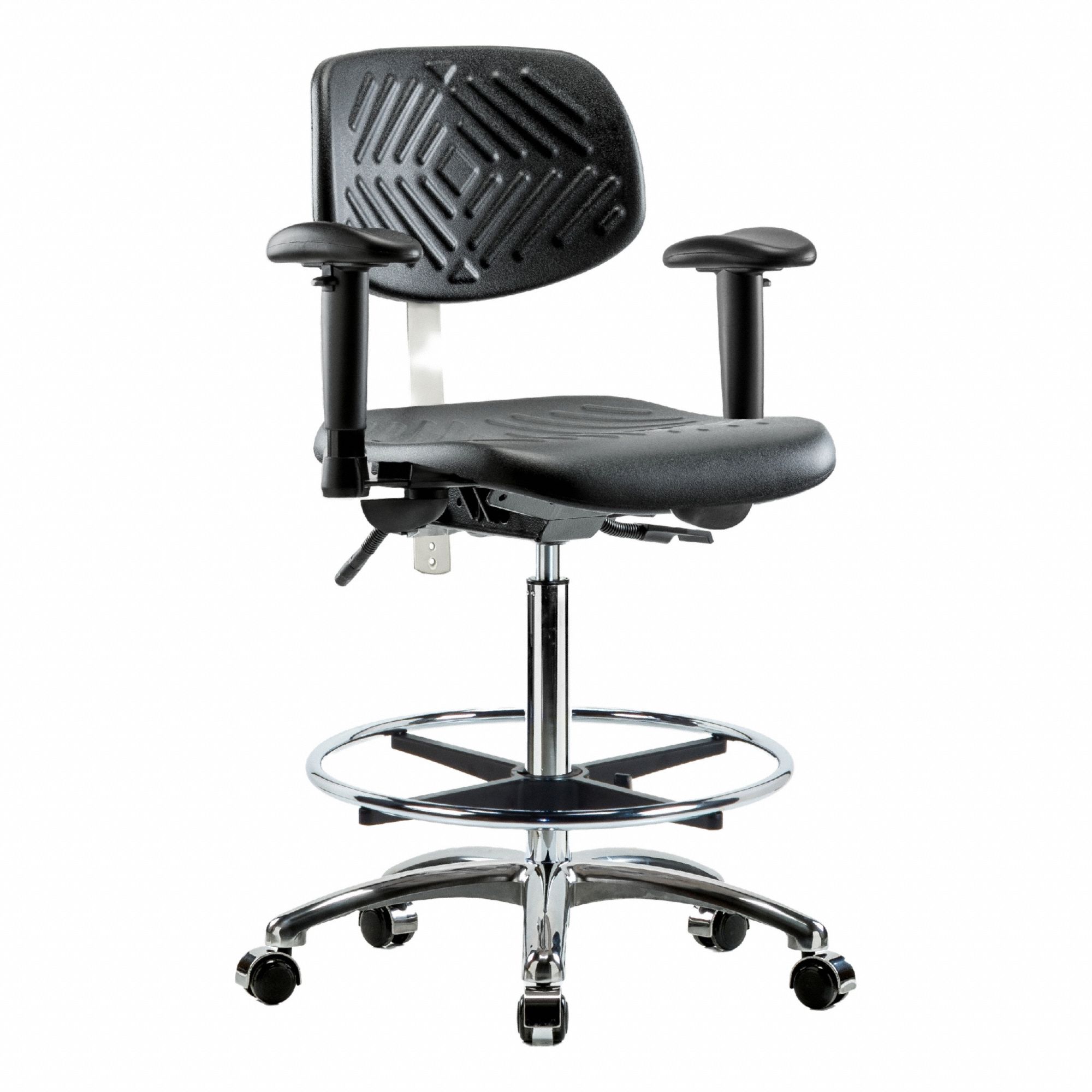 Cleanroom Task Chair: Polyurethane, Arms Included, Ht Range 24 1/2 in to 34 3/4 in, 16 in Seat Wd