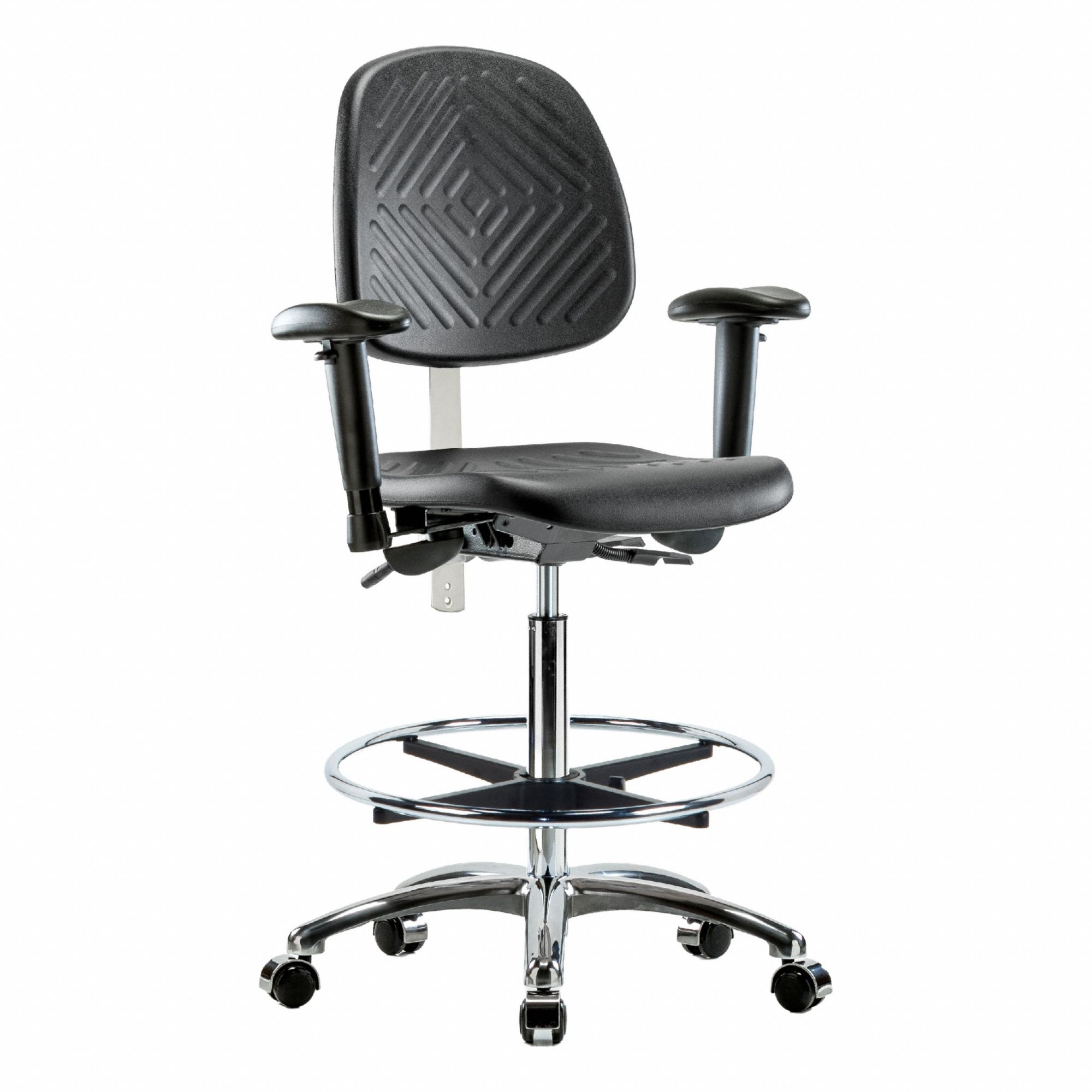 Cleanroom Task Chair: Polyurethane, Arms Included, Ht Range 24 1/2 in to 34 3/4 in, 16 in Seat Wd