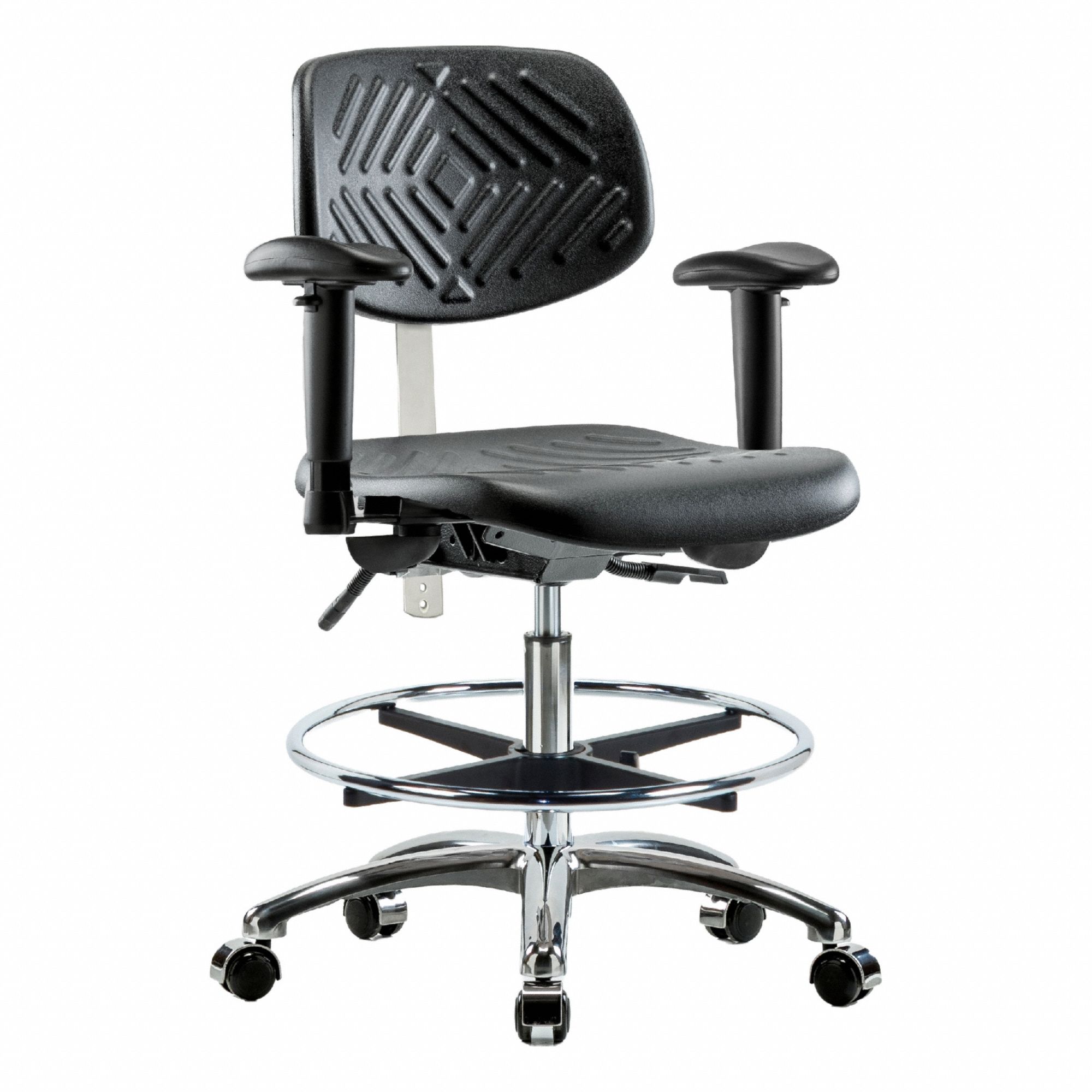 Cleanroom Task Chair: Polyurethane, Arms Included, Ht Range 20 1/4 in to 28 in, 16 in Seat Wd, Adj