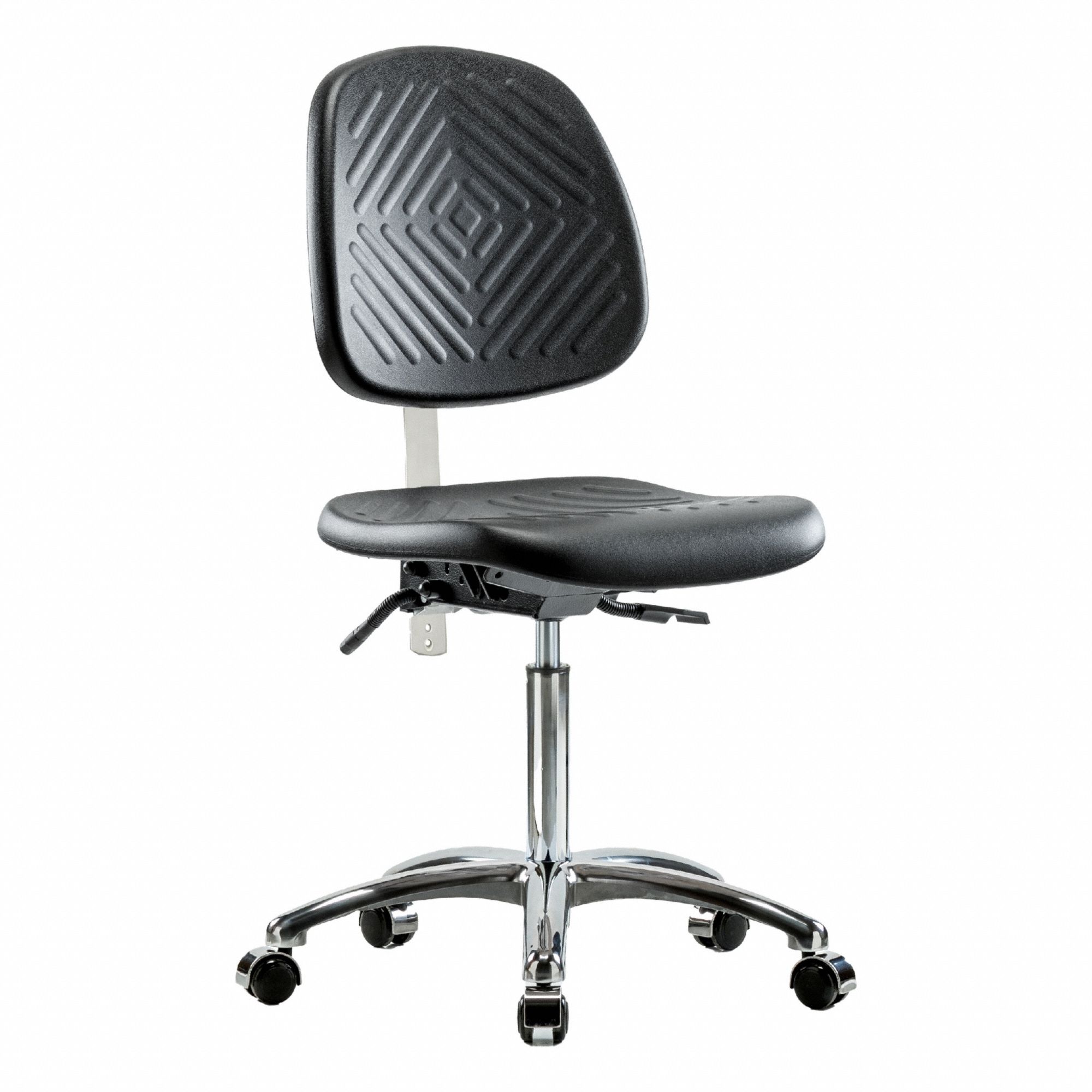 Cleanroom Task Chair: Polyurethane, Armless, Ht Range 20 1/4 in to 28 in, 16 in Seat Wd, 5 Casters