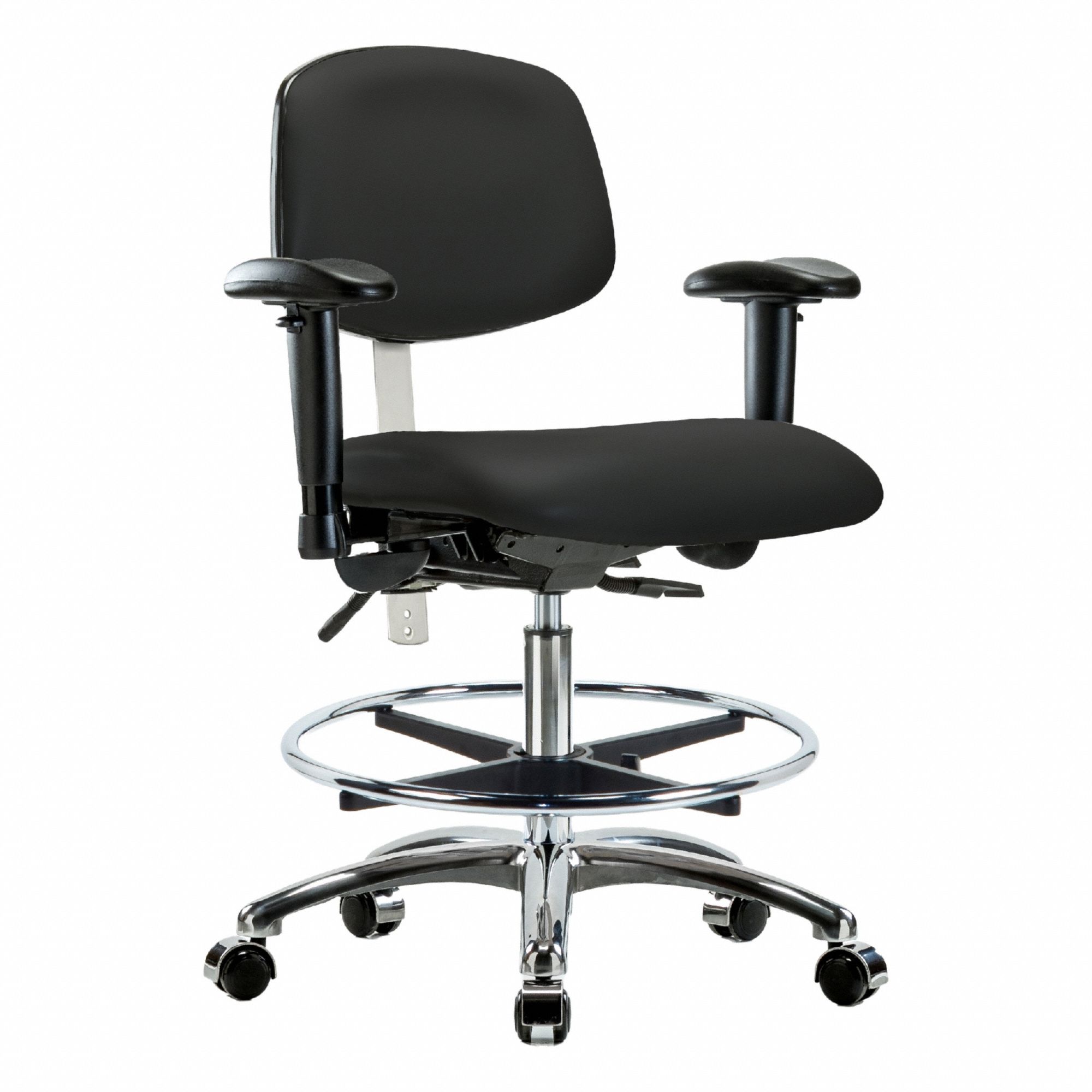 Cleanroom Task Chair: Vinyl, Arms Included, Ht Range 21 1/2 in to 29 in, 18 1/2 in Seat Wd, Adj