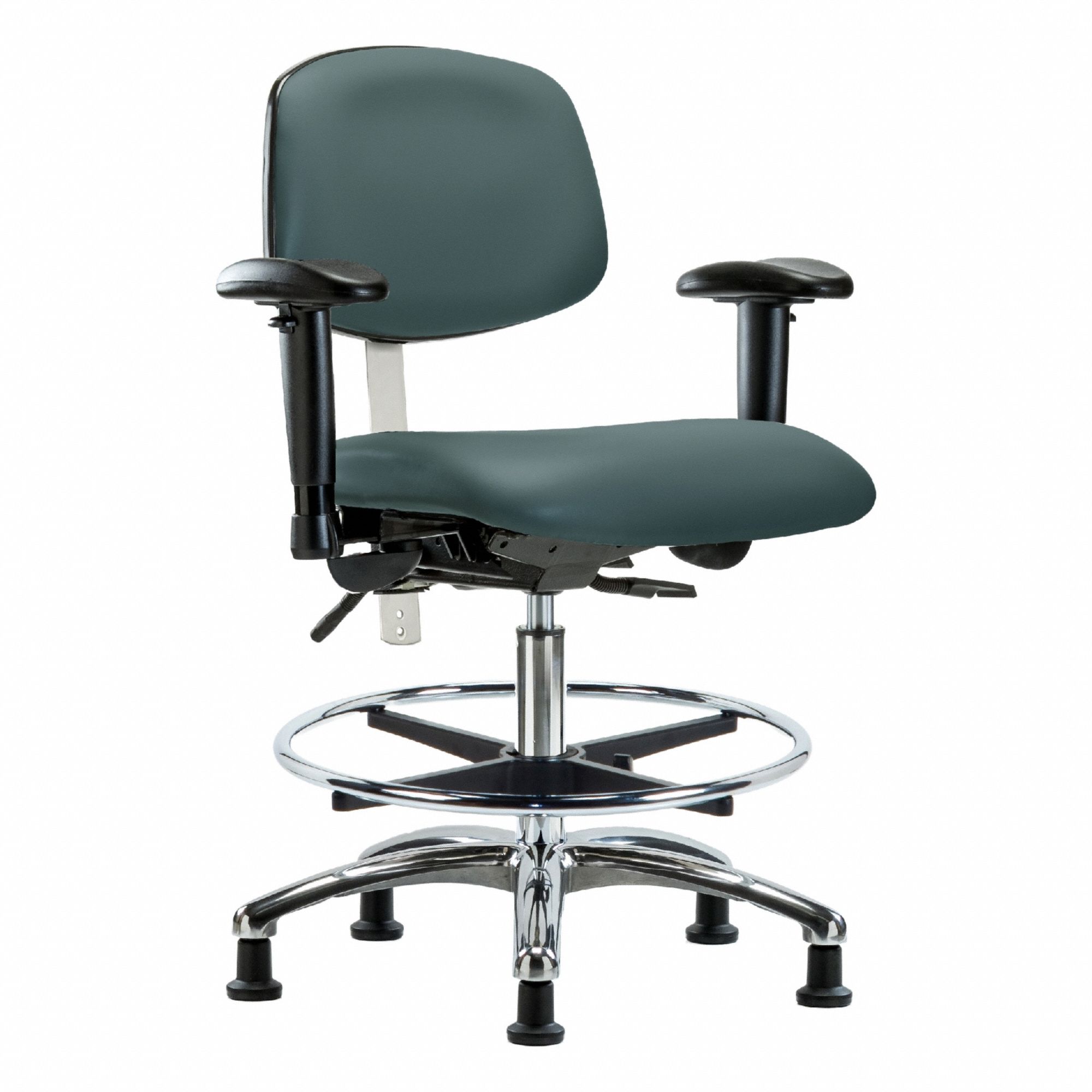 Cleanroom Task Chair: Vinyl, Arms Included, Ht Range 21 1/2 in to 29 in, 18 1/2 in Seat Wd, Adj