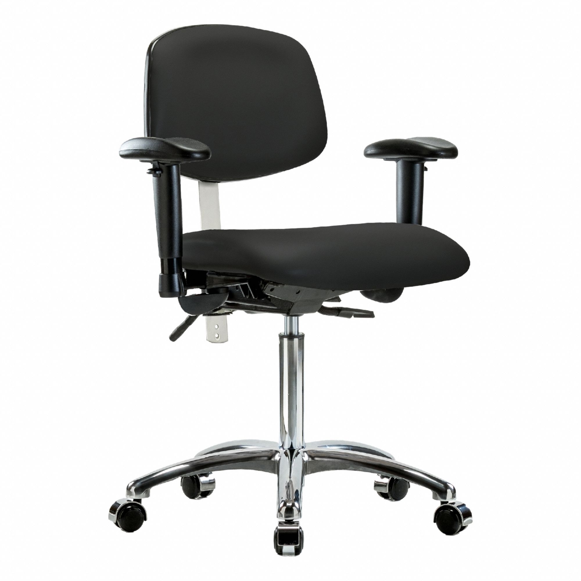 Cleanroom Task Chair: Vinyl, Arms Included, Ht Range 21 1/2 in to 29 in, 18 1/2 in Seat Wd, Adj