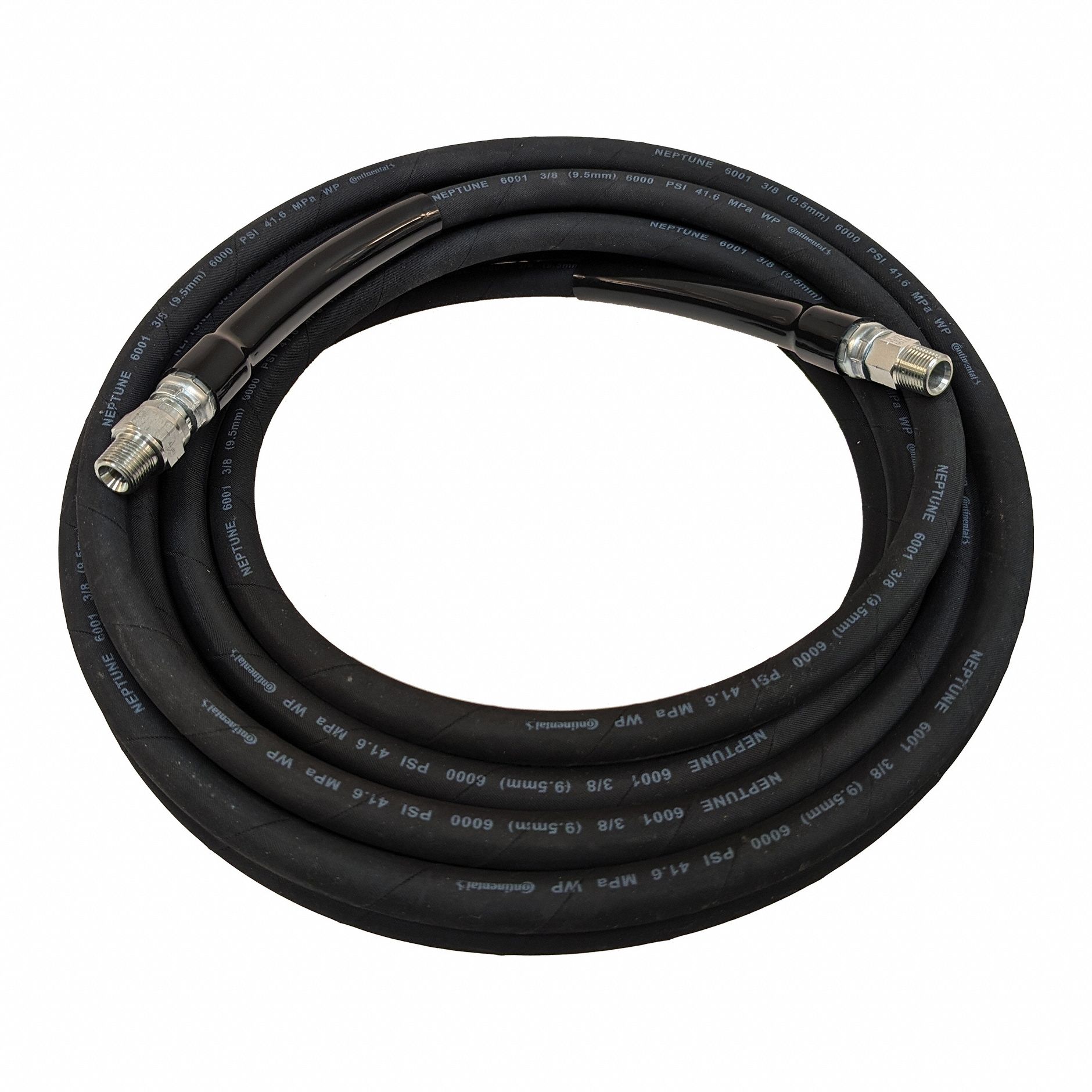 Pressure Washer Hose: 3/8 in ID, 15 ft Lg, Nitrile, Black, 3/8 in x 3/8 in Fitting Size, 6, 000 psi
