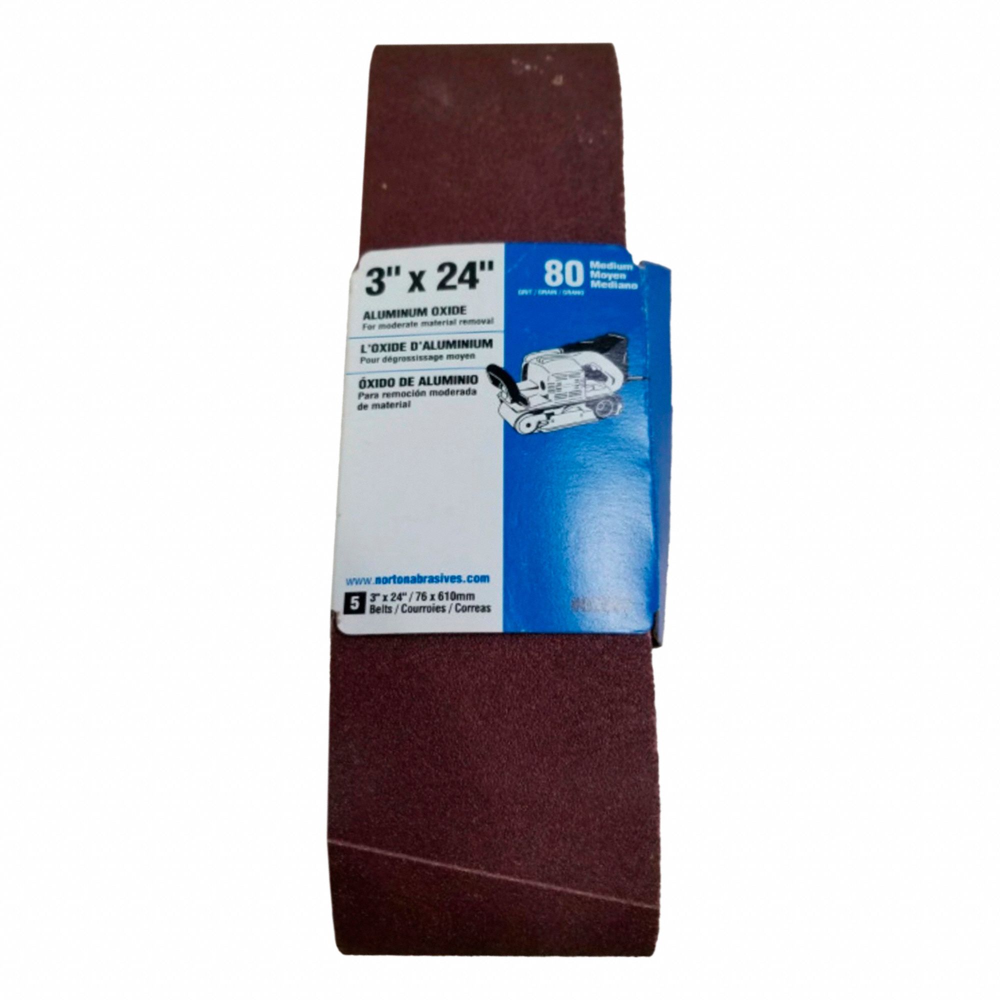 SANDING BELT, 3 IN W X 24 IN L, ALUMINUM OXIDE, 80 GRIT, X WEIGHT COTTON BACKING, 5 PK