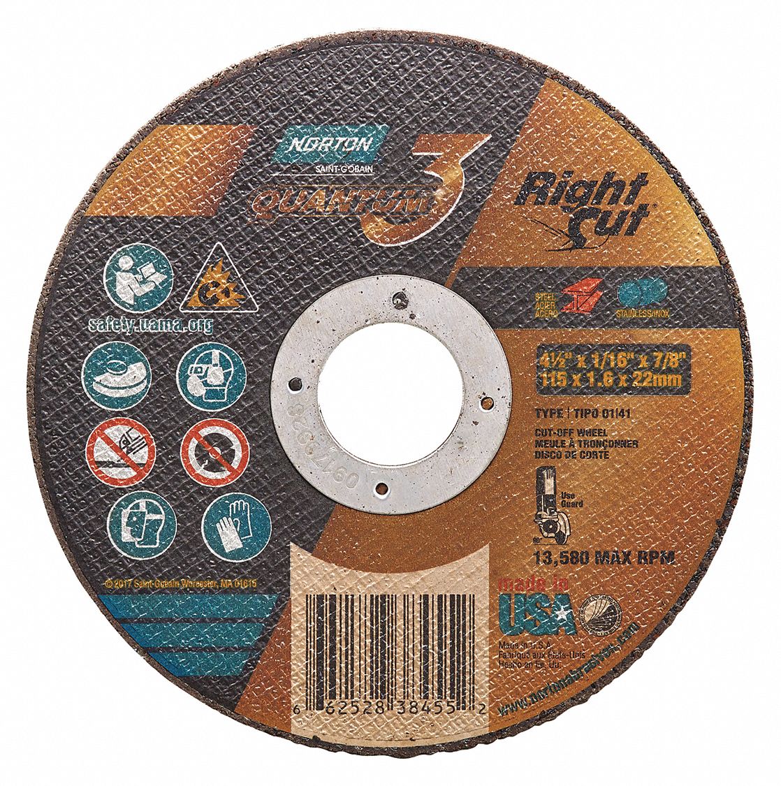 CUT-OFF WHEEL,TYPE1,13580 RPM,4-1/2