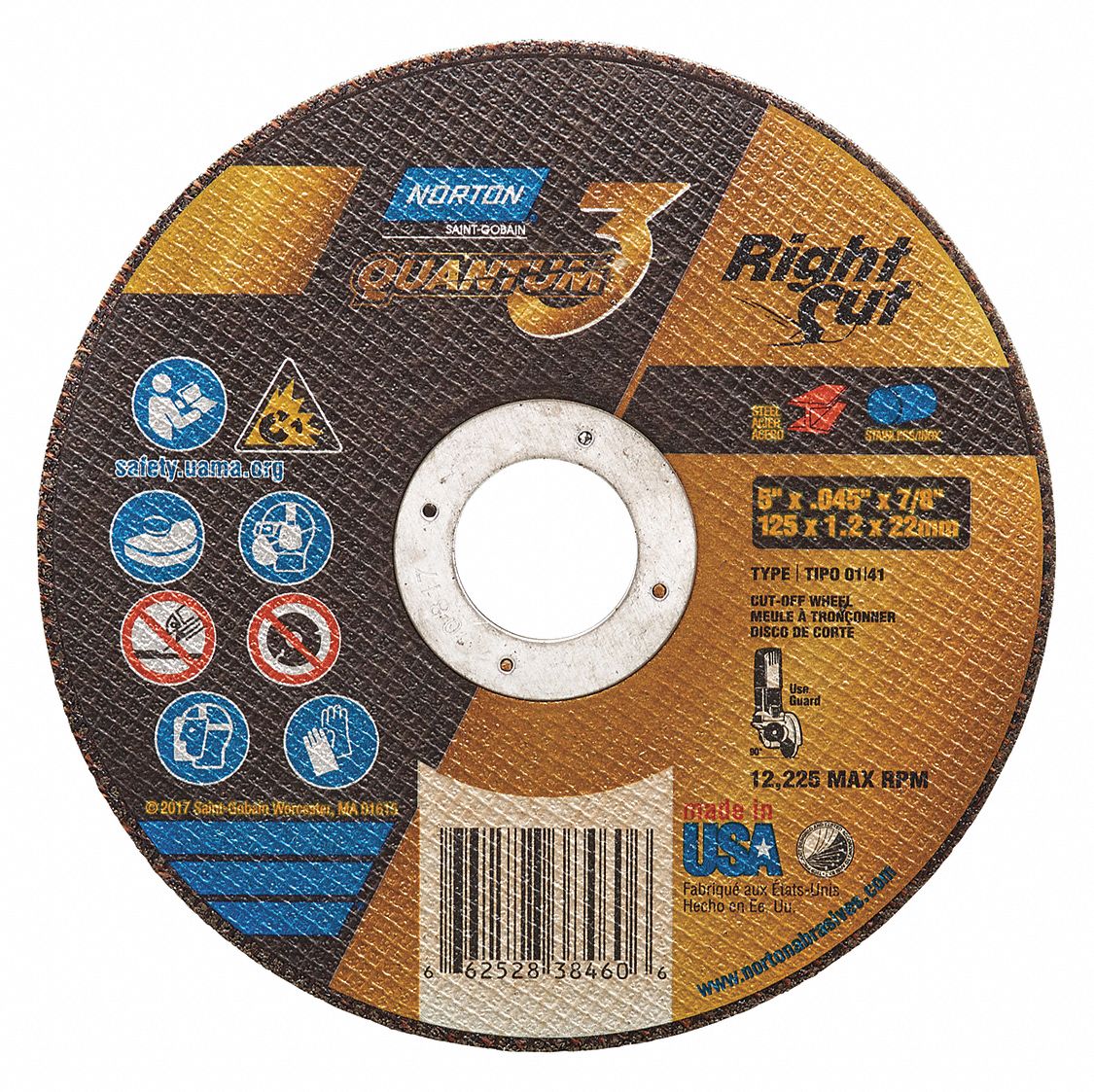 CUT-OFF WHEEL, TYPE 1, 36 GRIT, 12,225 RPM, 5 X 1/16 X 7/8 IN, CERAMIC