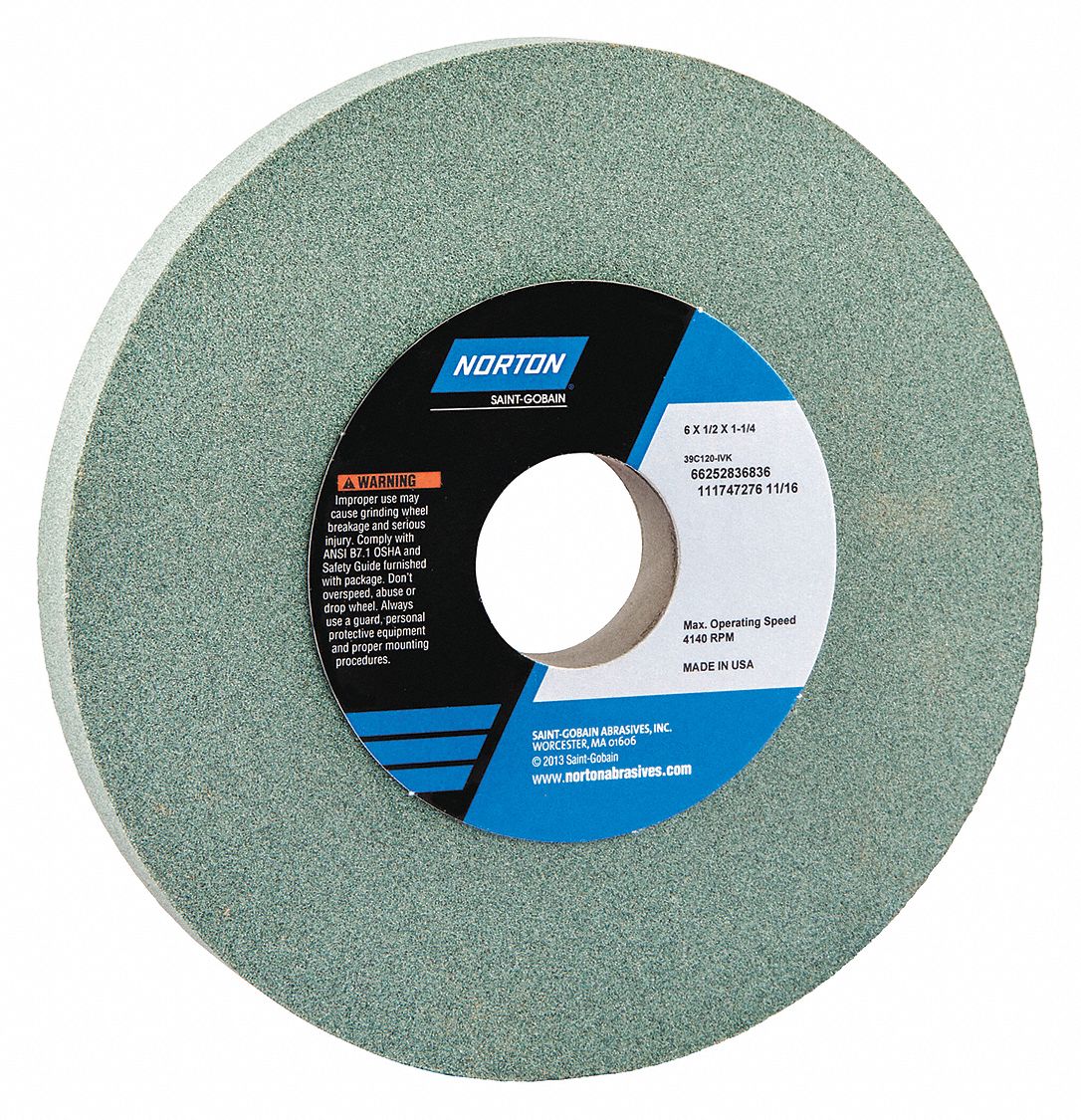 TOOLROOM WHEEL, 120 GRIT, 39C, GRADE I/MEDIUM, 4,140 RPM, 6 X 0.50 X 1 1/4 IN, SILICON CARBIDE