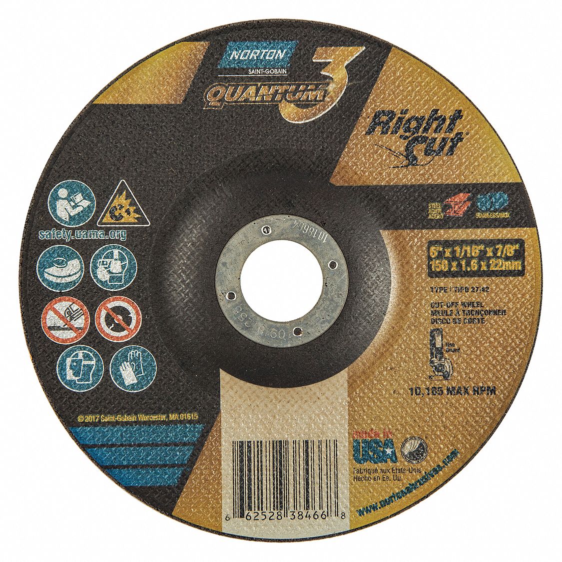 GRINDING WHEEL, 10,185 RPM, 36 GRIT, TYPE 27, VERY COARSE, 6 X 0.062 IN, 7/8 IN ARBOR, CERAMIC