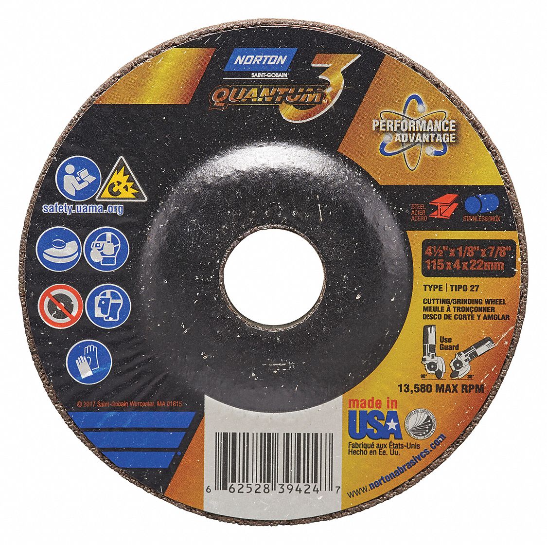 GRINDING WHEEL, 13,580 RPM, 24 GRIT, TYPE 27, VERY COARSE, 4 1/2 X 0.125 IN, 5/8 IN ARBOR, CERAMIC