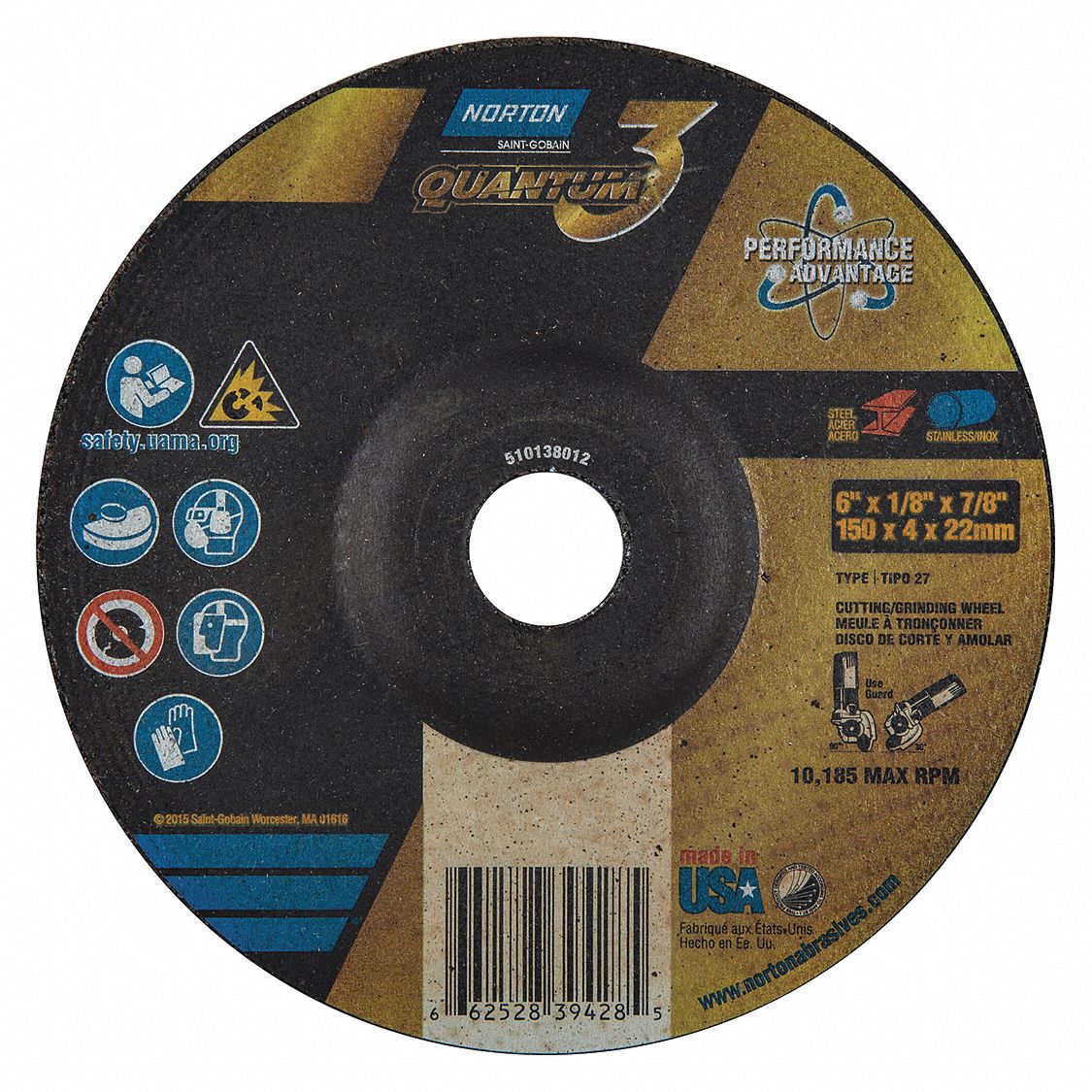 MEULE,10,185 TR/MIN,24 GRAINS,TP 27,TRÈS GROS,6 X 0,125 PO,ARB 7/8 PO,CÉR