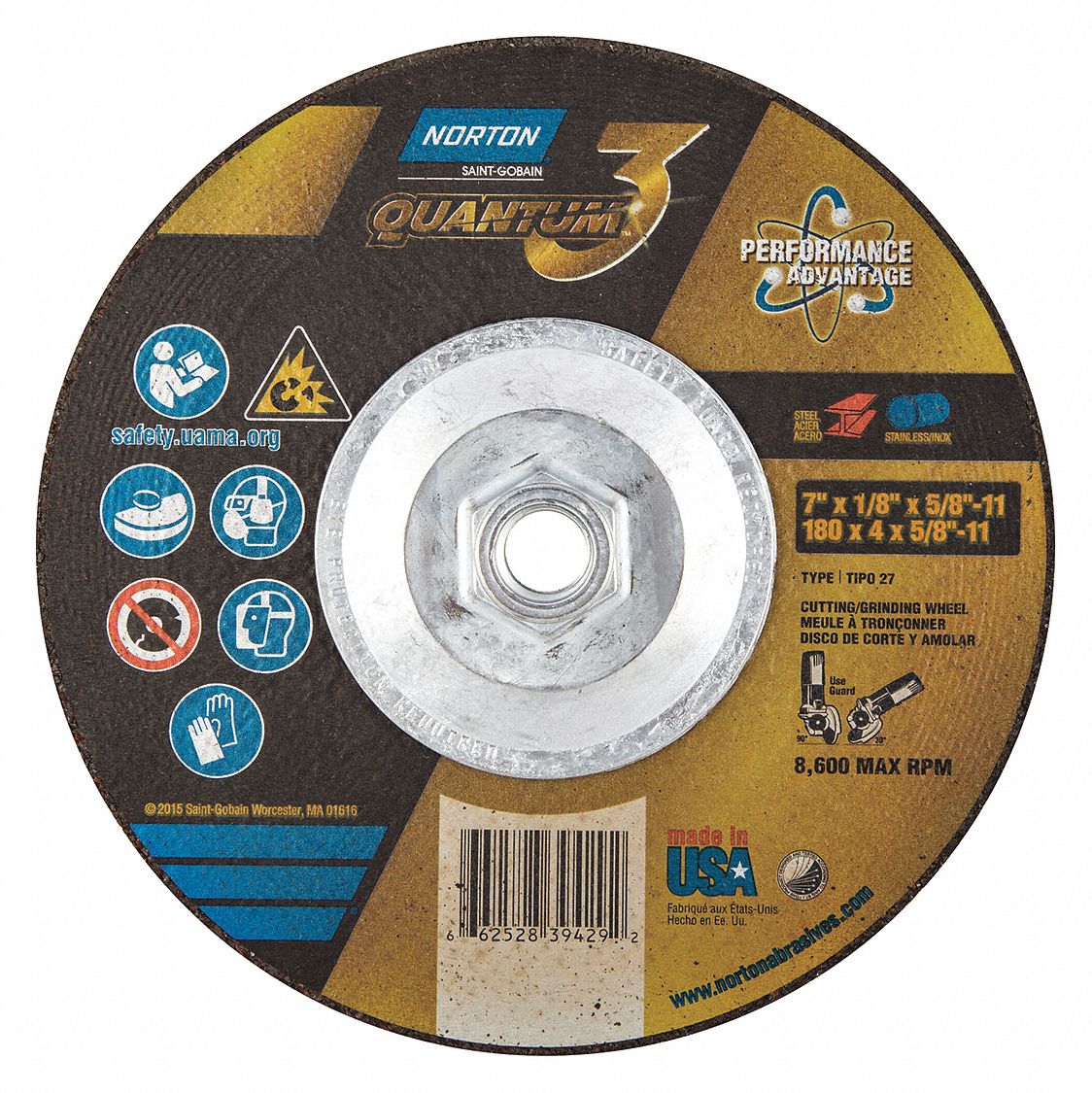 GRINDING WHEEL, 8,600 RPM, 24 GRIT, TYPE 27, VERY COARSE, 7 X 0.125 IN, 5/8 TO 11 IN ARBOR, CERAMIC