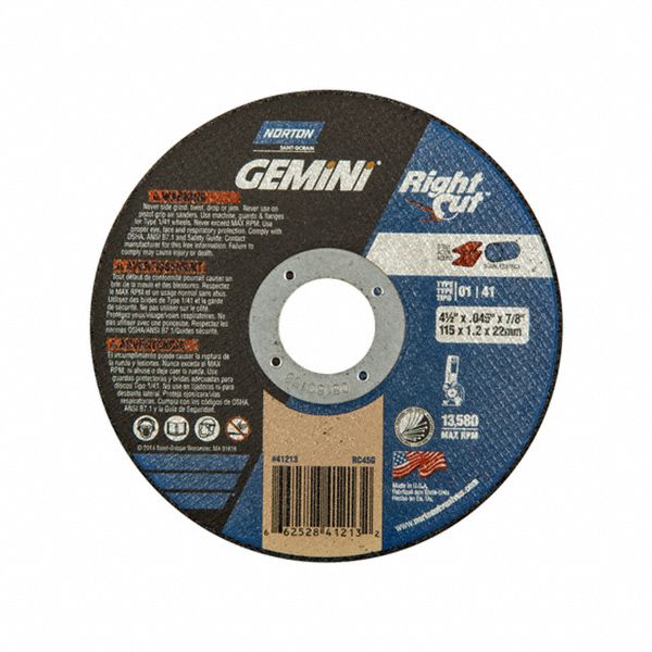 CUT-OFF WHEEL, FOR STEEL, TYPE 1, 36 GRIT, 13,580 RPM, 4 1/2 X 0.04 X 7/8 IN, ALUMINUM OXIDE