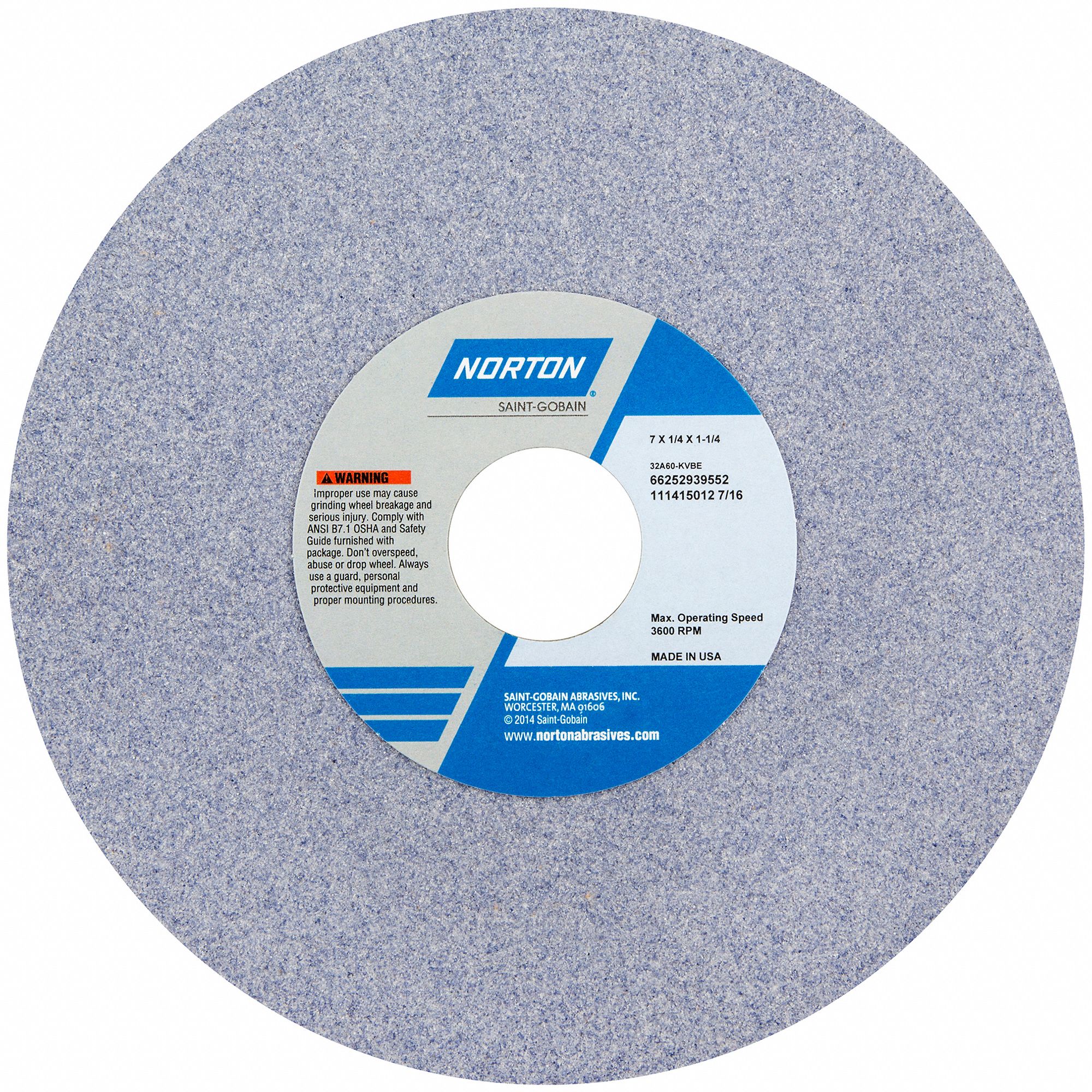 STRAIGHT GRINDING WHEEL, TYPE 1, 7 IN X ¼ IN X 1¼ IN, 32A60-IVBE, 5 PK
