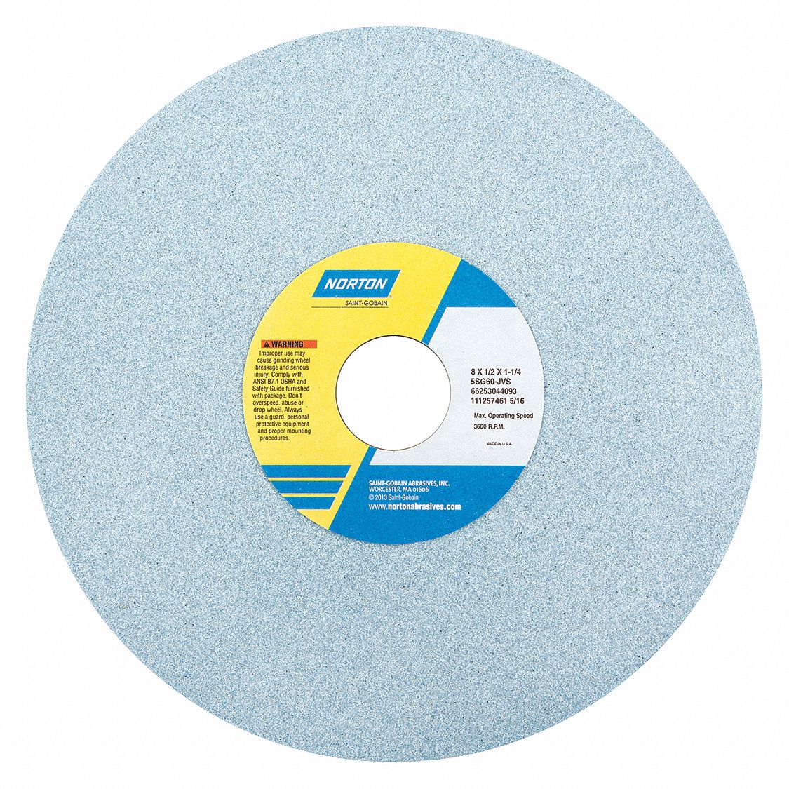 TOOLROOM WHEEL, TYPE 1, 46 GRIT, SG SERIES, GRADE J/MEDIUM, 3,600 RPM, 8 X 0.50 X 1 1/4 IN, CERAMIC