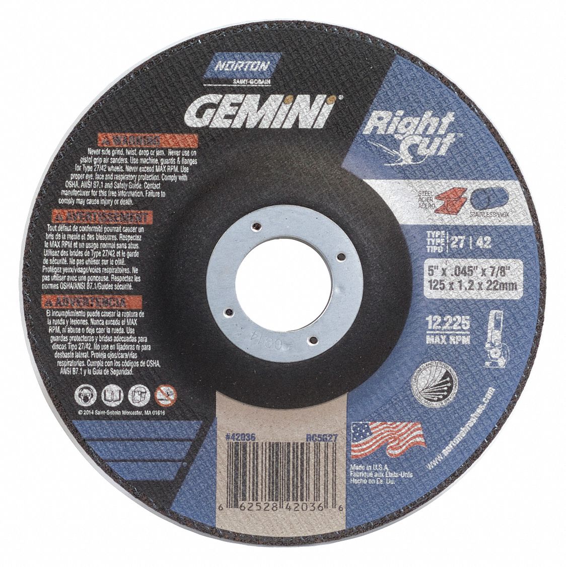 GRINDING WHEEL, 12,225 RPM, 24 GRIT, TYPE 27, VERY COARSE, 5 X 0.045 IN, 7/8 IN ARBOR, AL OXIDE