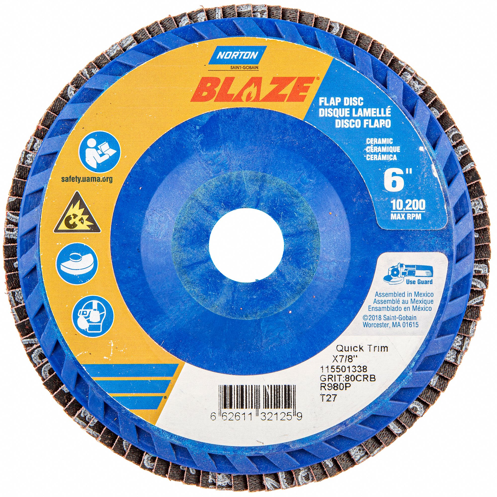 FLAP DISC, TYPE 27, 6 IN X ⅞ IN, CERAMIC, 80 GRIT, PLASTIC BACKING, STANDARD DENSITY, BLAZE R980P