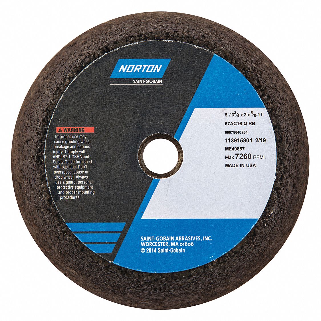 PORTABLE SNAGGING WHEEL, 16 GRIT, 6000 RPM, 6 X 2 IN X 5/8