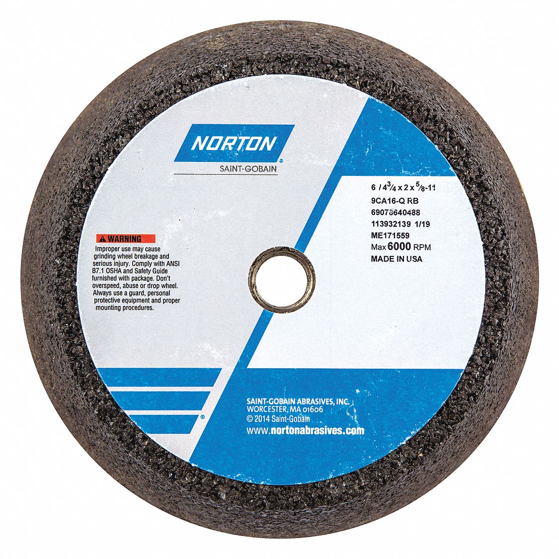 PORTABLE SNAGGING WHEEL, 16 GRIT, 6000 RPM, 6 X 2 IN X 5/8