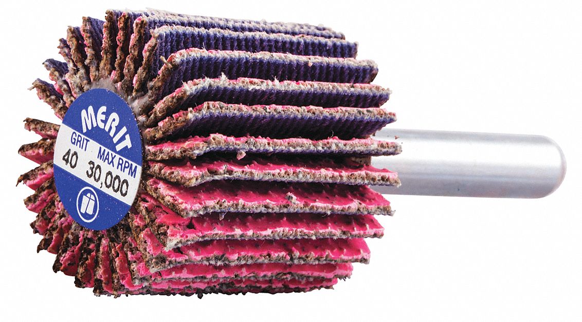 FLAP WHEEL, MINI, STRAIGHT, 40 GRIT, SHANK 1/4 X 1 X 1 IN DIA, COATED CERAMIC ALUMINA