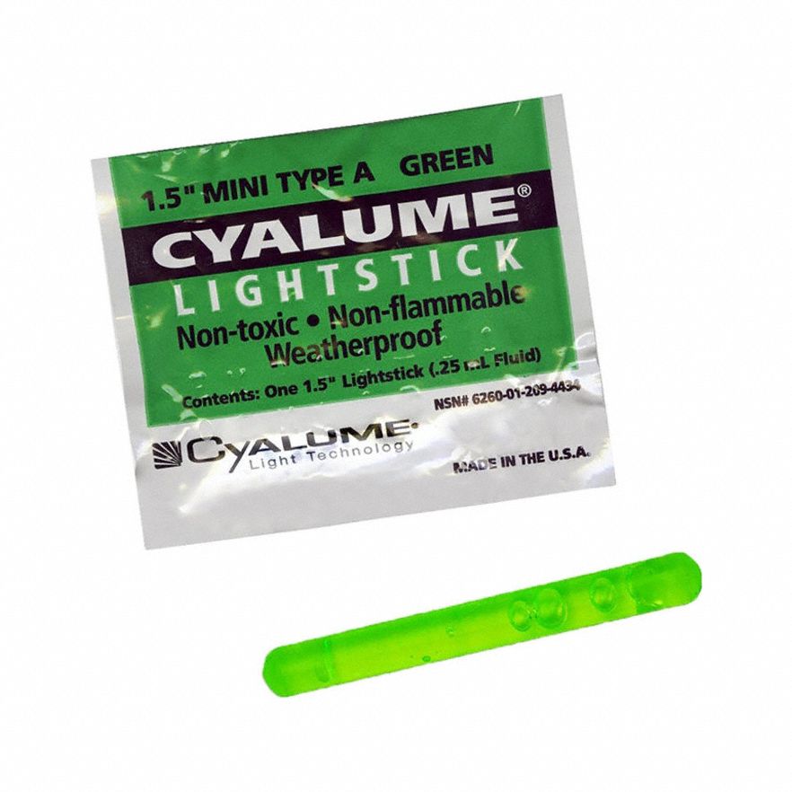 Lightstick: Green, 4 hr Light Duration, 1 1/2 in Overall Lg, Stick, Single-Use, 50 PK