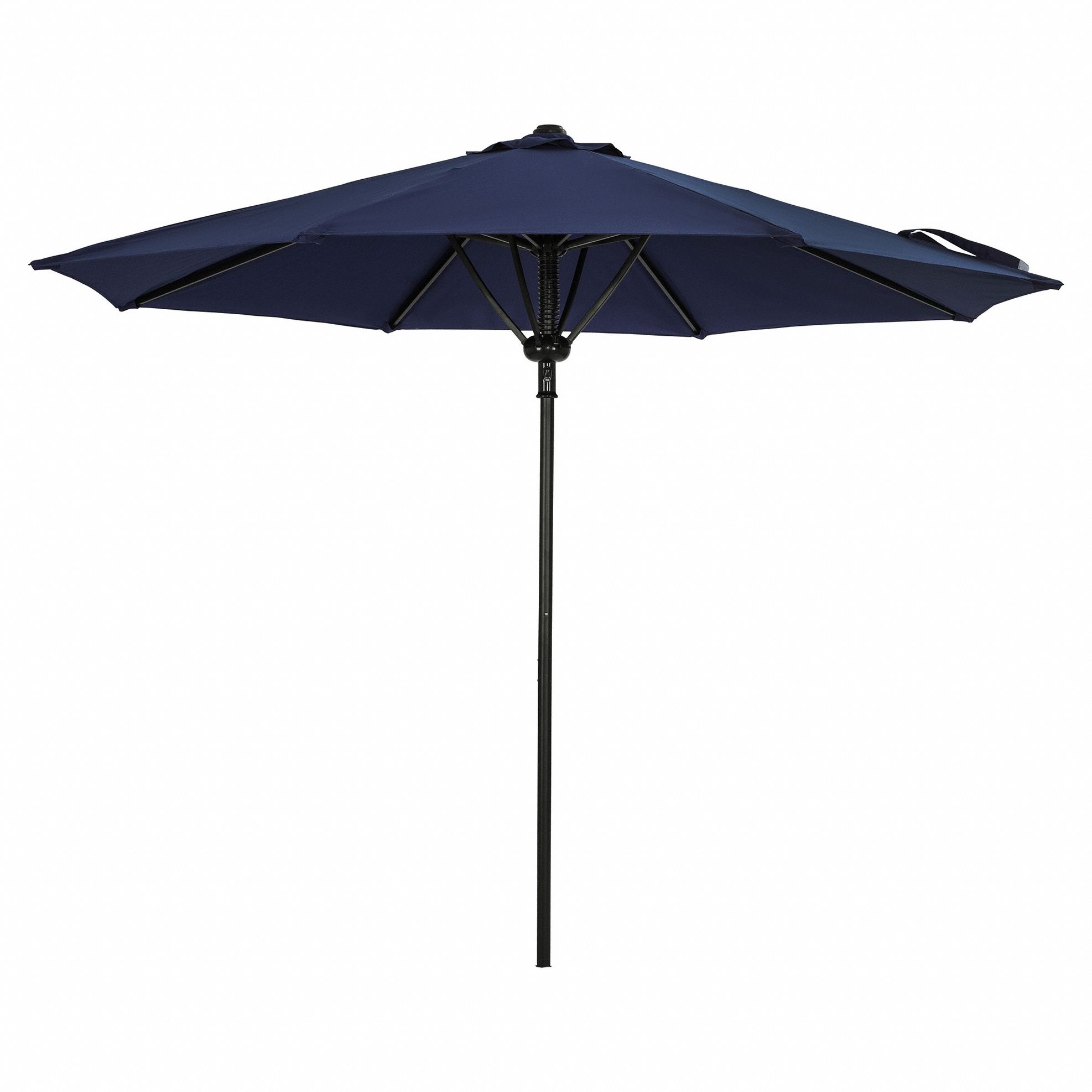 Patio Umbrella: Navy Blue, Aluminum, Push Button, 9 ft Overall Dia, Bronze