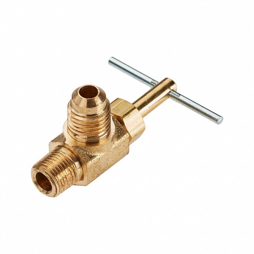 Needle Valve: Angle Valve Body, Brass, Screw-In Bonnet, 1/4 in Pipe Size, Flare x MIP, Flare